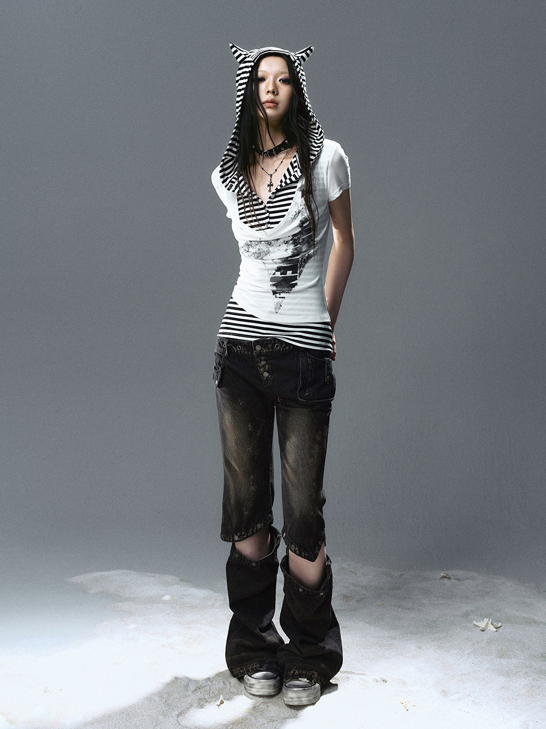 CestNous｜Women's Cat Ear Striped Layered T-Shirt - PSYLOS 1, CestNous｜Women's Cat Ear Striped Layered T-Shirt, T-Shirt, CestNous, PSYLOS 1