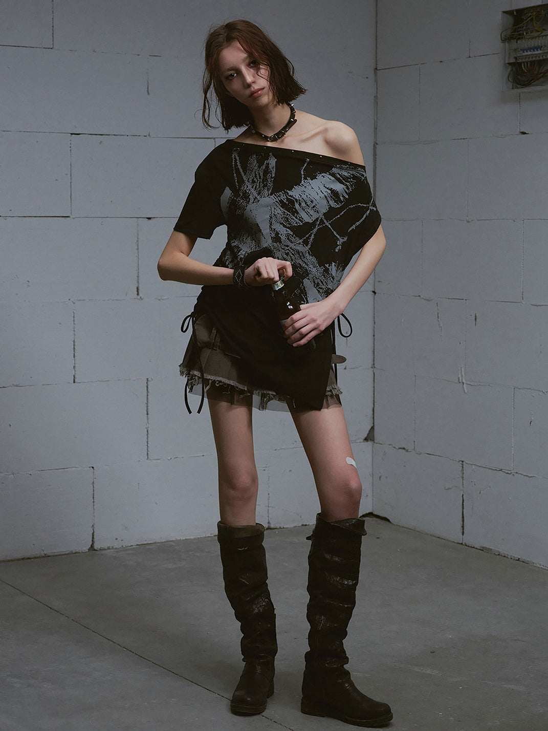 CestNous｜Off Shoulder Drawstring Oversize Print Tee-Black - PSYLOS 1, CestNous｜Off Shoulder Drawstring Oversize Print Tee-Black, T-Shirt, CestNous, PSYLOS 1