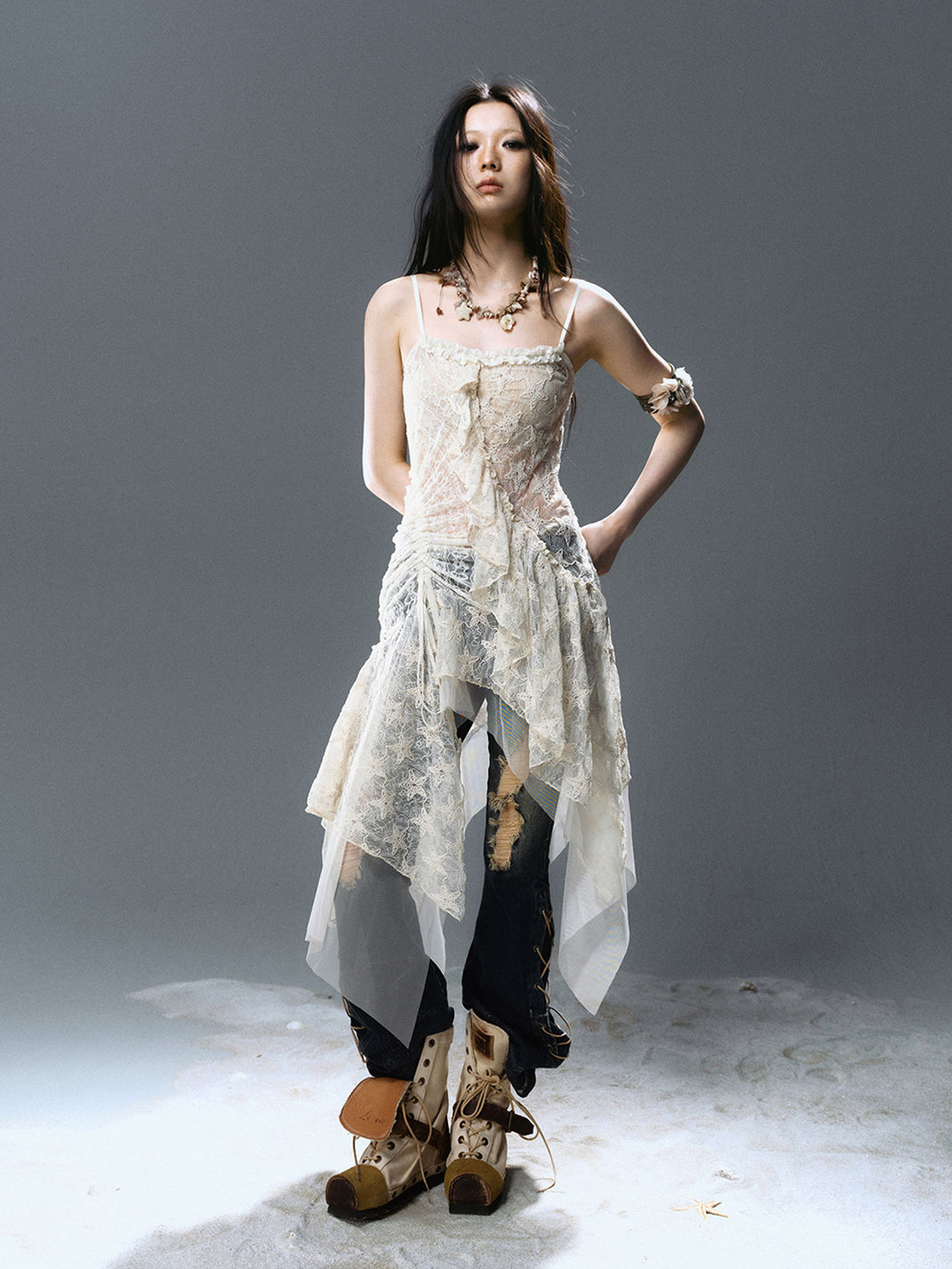 CestNous｜Lace Ruffle Mesh Dress with Star Detail - PSYLOS 1, CestNous｜Lace Ruffle Mesh Dress with Star Detail, Dress, CestNous, PSYLOS 1