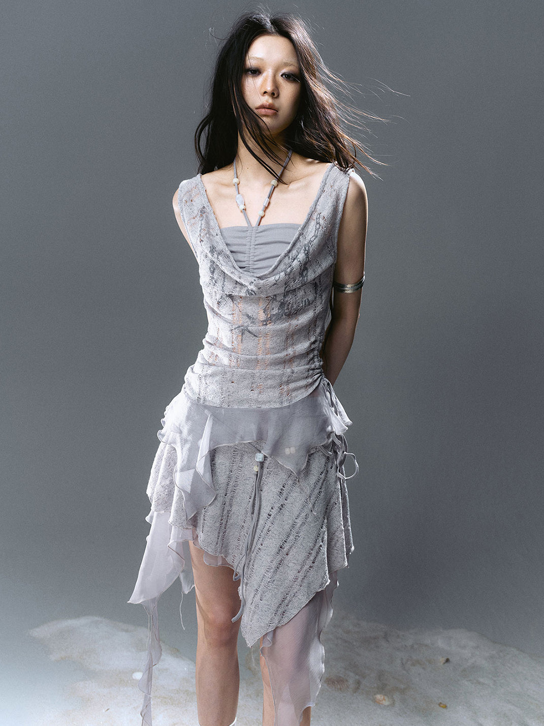 CestNous｜Beaded Chiffon Cutout Cowl Neck Top-Blue - PSYLOS 1, CestNous｜Beaded Chiffon Cutout Cowl Neck Top-Blue, Blouses, CestNous, PSYLOS 1