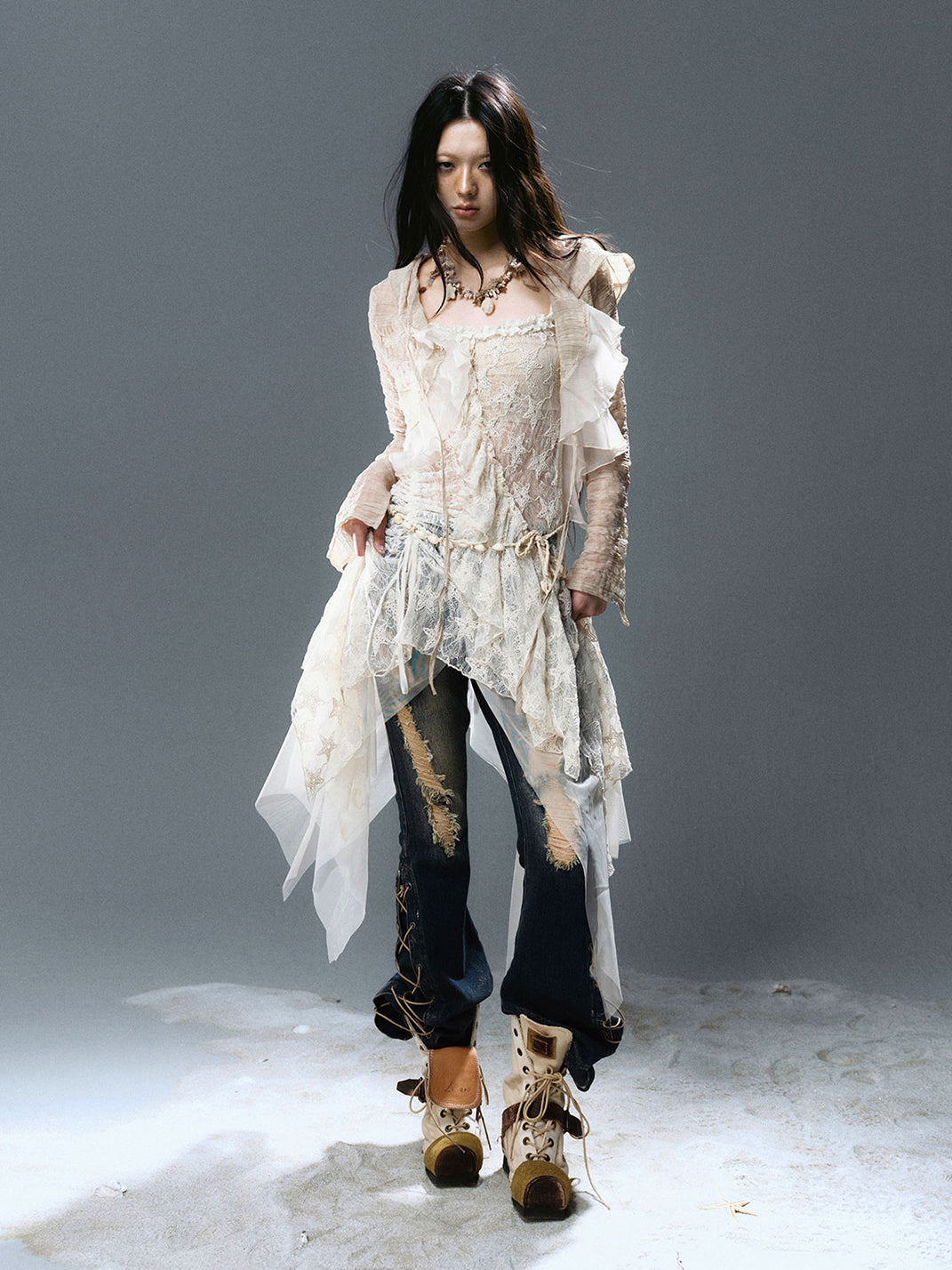 CestNous｜Women's Silver Foil Low Waist Flared Jeans - PSYLOS 1, CestNous｜Women's Silver Foil Low Waist Flared Jeans, Pants, CestNous, PSYLOS 1