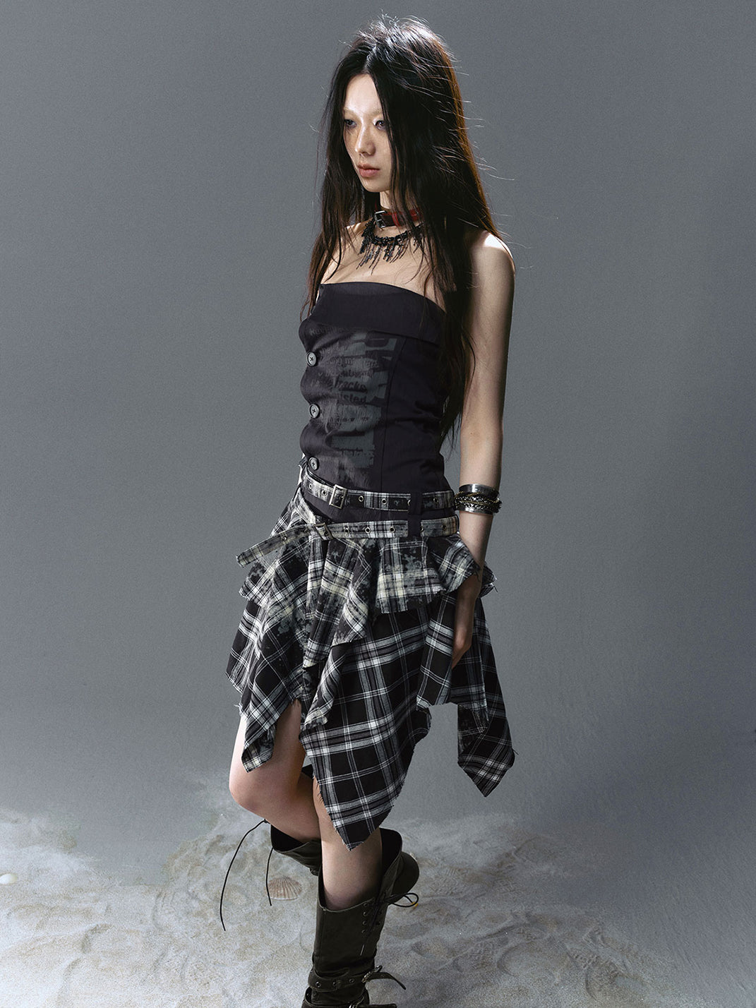 CestNous｜Women's Graffiti Patchwork Plaid Dress-Black - PSYLOS 1, CestNous｜Women's Graffiti Patchwork Plaid Dress-Black, Dress, CestNous, PSYLOS 1