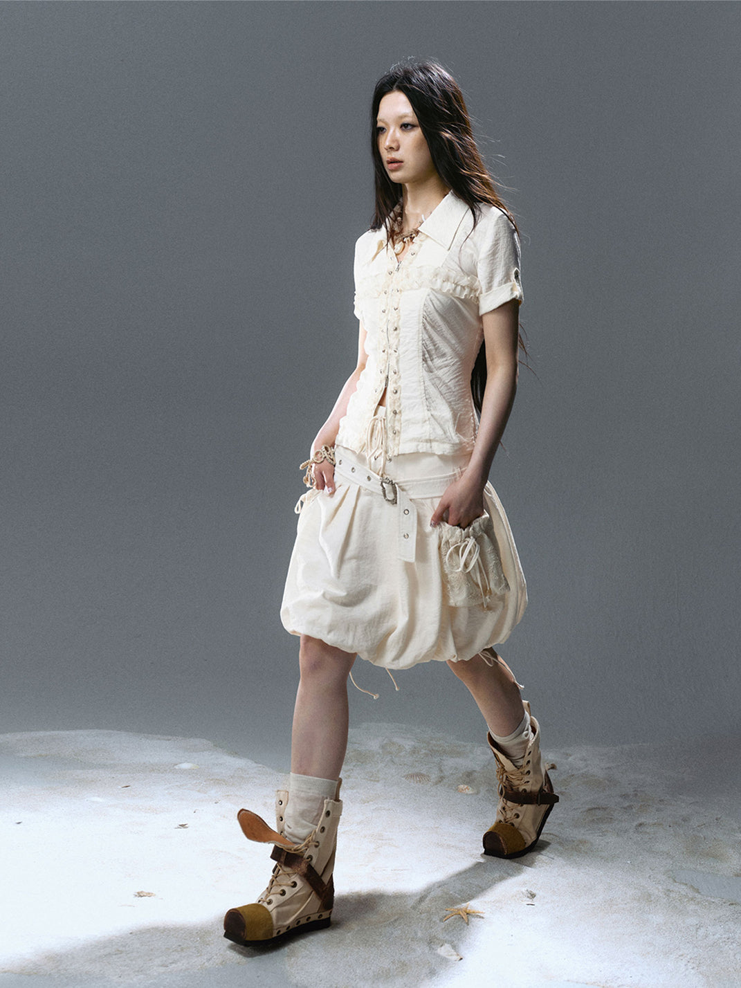 CestNous｜High Waist Studded Cargo Bubble Skirt-White - PSYLOS 1, CestNous｜High Waist Studded Cargo Bubble Skirt-White, Skirt, CestNous, PSYLOS 1