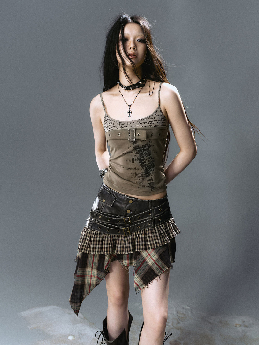 CestNous｜Asymmetric Gothic Plaid Skirt with PU Trim - PSYLOS 1, CestNous｜Asymmetric Gothic Plaid Skirt with PU Trim, Skirt, CestNous, PSYLOS 1