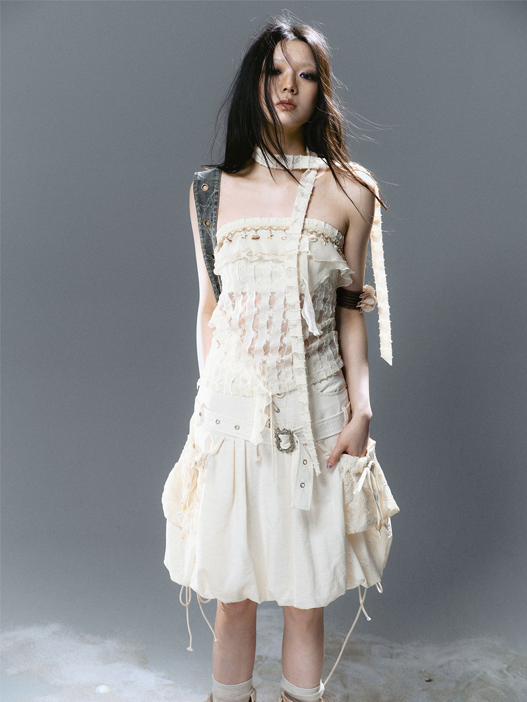 CestNous｜High Waist Studded Cargo Bubble Skirt-White - PSYLOS 1, CestNous｜High Waist Studded Cargo Bubble Skirt-White, Skirt, CestNous, PSYLOS 1