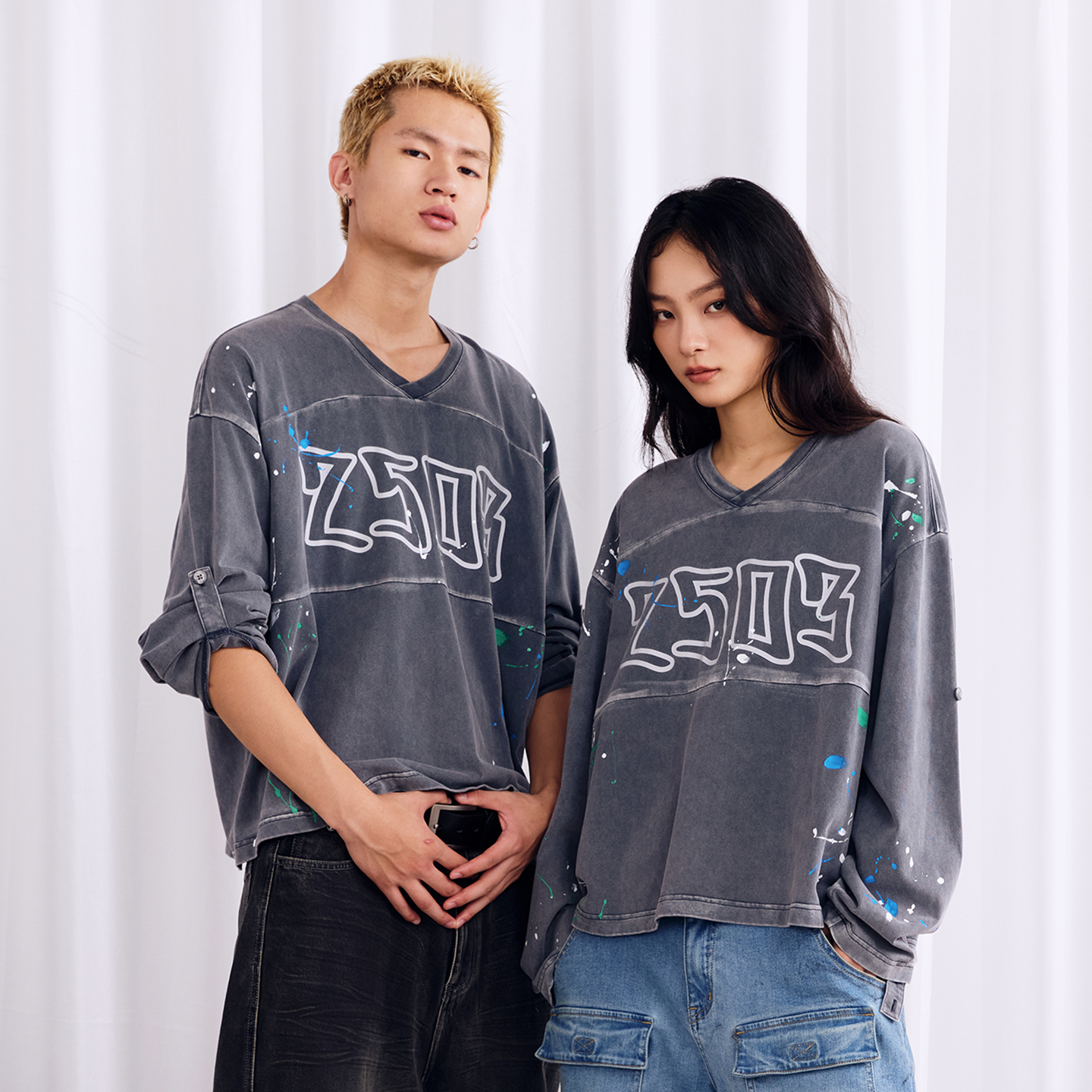 BURNIN* "2503" v-neck splash-ink retro old washed T-shirt - PSYLOS 1, BURNIN* "2503" v-neck splash-ink retro old washed T-shirt, T-Shirt, Burnin, PSYLOS 1