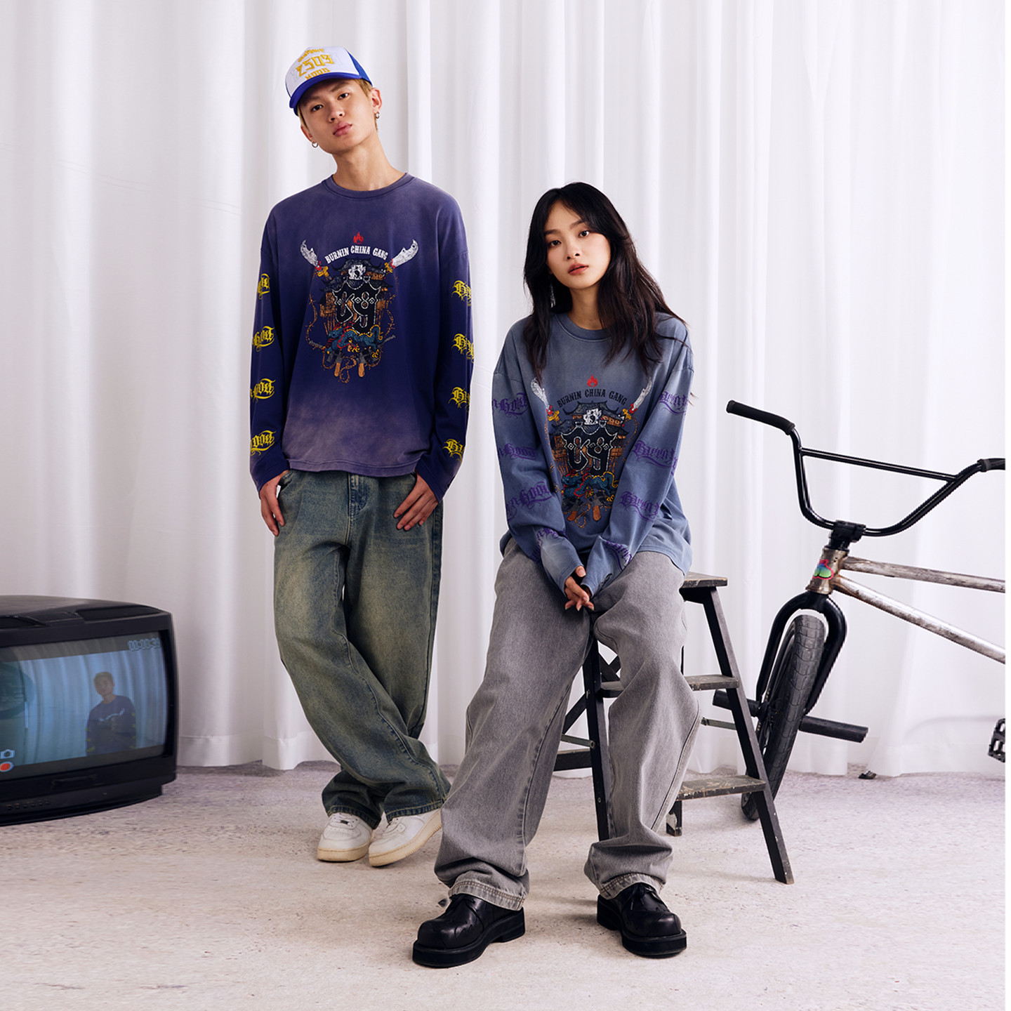 BURNIN Dyeing Distressed Community Culture Sweatshirt - PSYLOS 1, BURNIN Dyeing Distressed Community Culture Sweatshirt, Sweatshirts, Burnin, PSYLOS 1