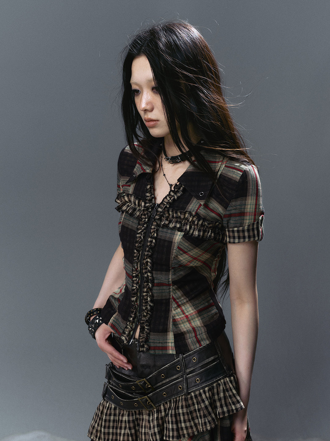 CestNous｜Ruffled Studded Gothic Crop Shirt-Black - PSYLOS 1, CestNous｜Ruffled Studded Gothic Crop Shirt-Black, Shirts, CestNous, PSYLOS 1