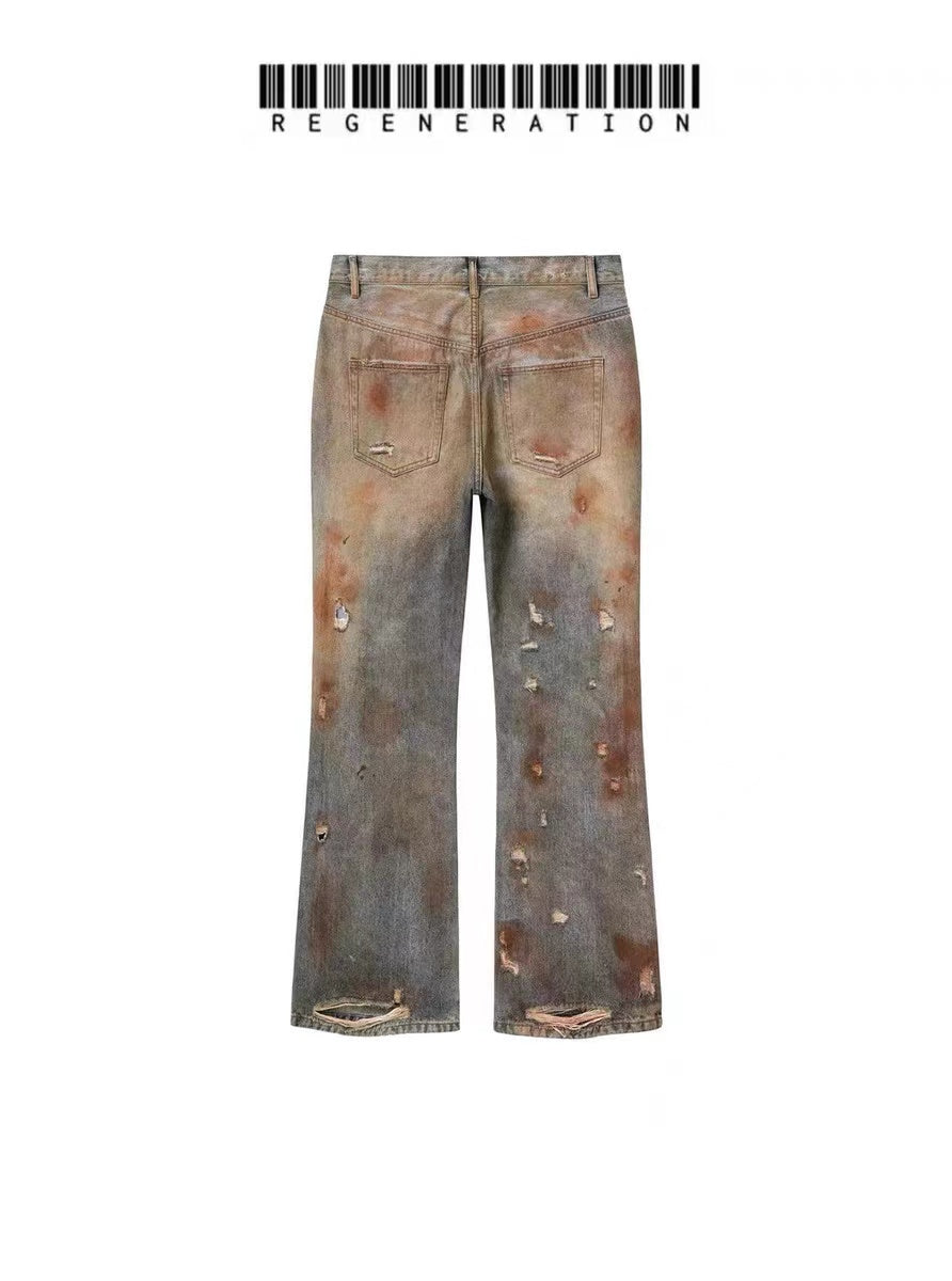 REGEN ZONE | Heavy Distressed Blood Wash Flared Jeans - PSYLOS 1, REGEN ZONE | Heavy Distressed Blood Wash Flared Jeans, Pants, REGEN ZONE•JAPAN, PSYLOS 1
