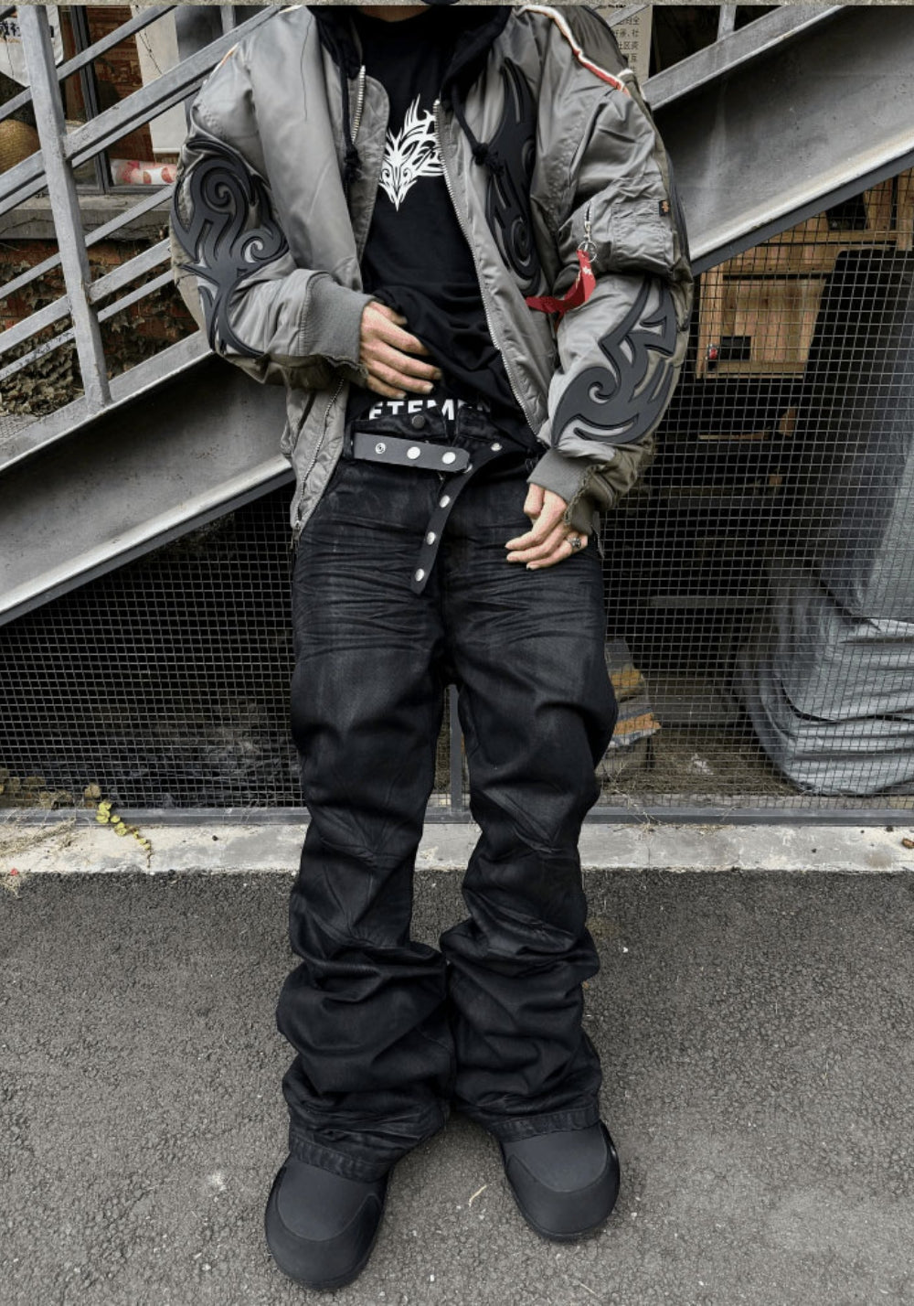 GOJOYJINNI丨Gothic Metal-Waxed Flare Jeans - PSYLOS 1, GOJOYJINNI丨Gothic Metal-Waxed Flare Jeans, Jeans, GOJOYJINNI, PSYLOS 1