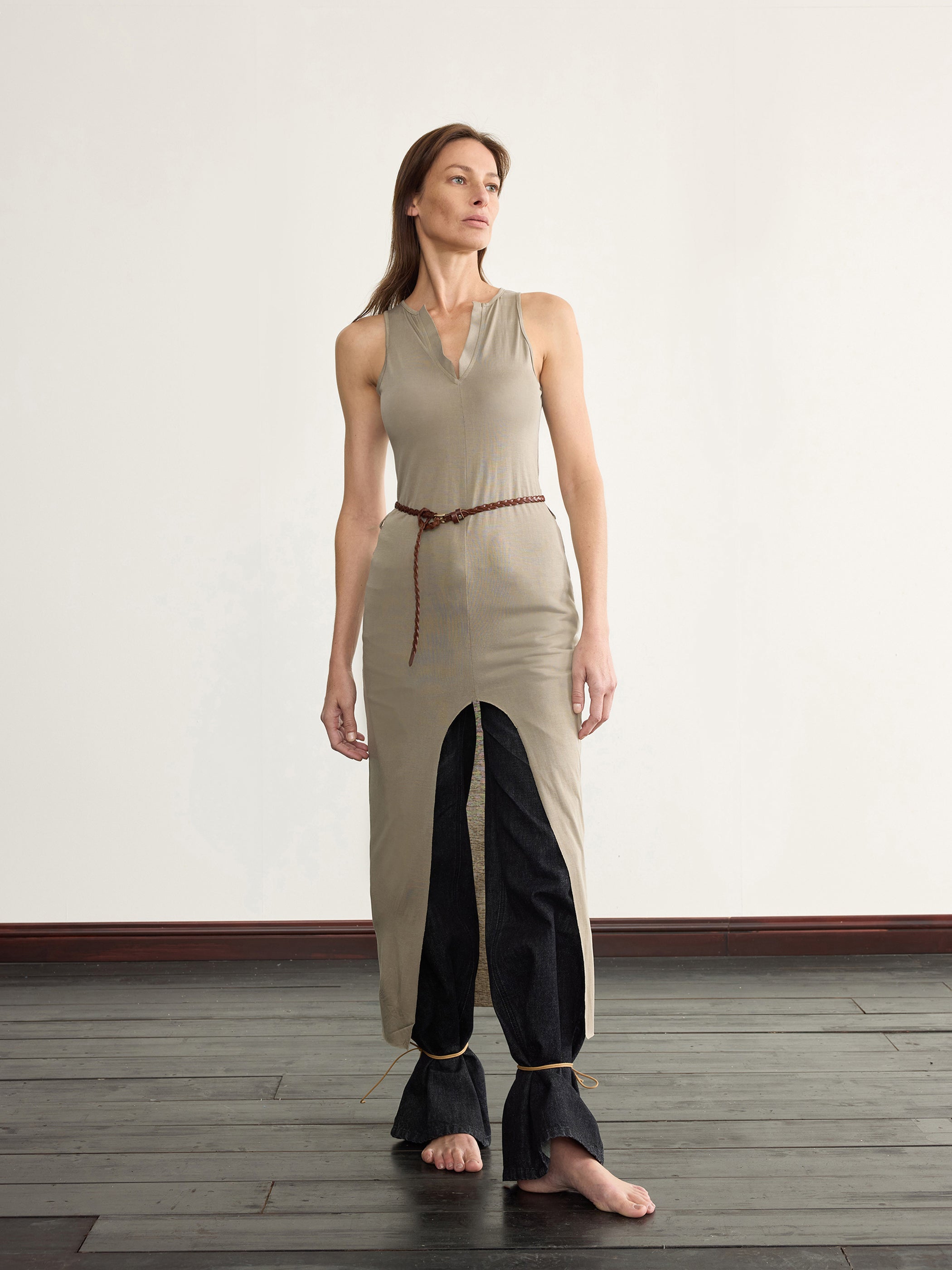 NyDkyel丨V-Neck Modal Maxi Dress with Belt - Side Slit-Gray - PSYLOS 1, NyDkyel丨V-Neck Modal Maxi Dress with Belt - Side Slit-Gray, Dress, NyDkyel, PSYLOS 1