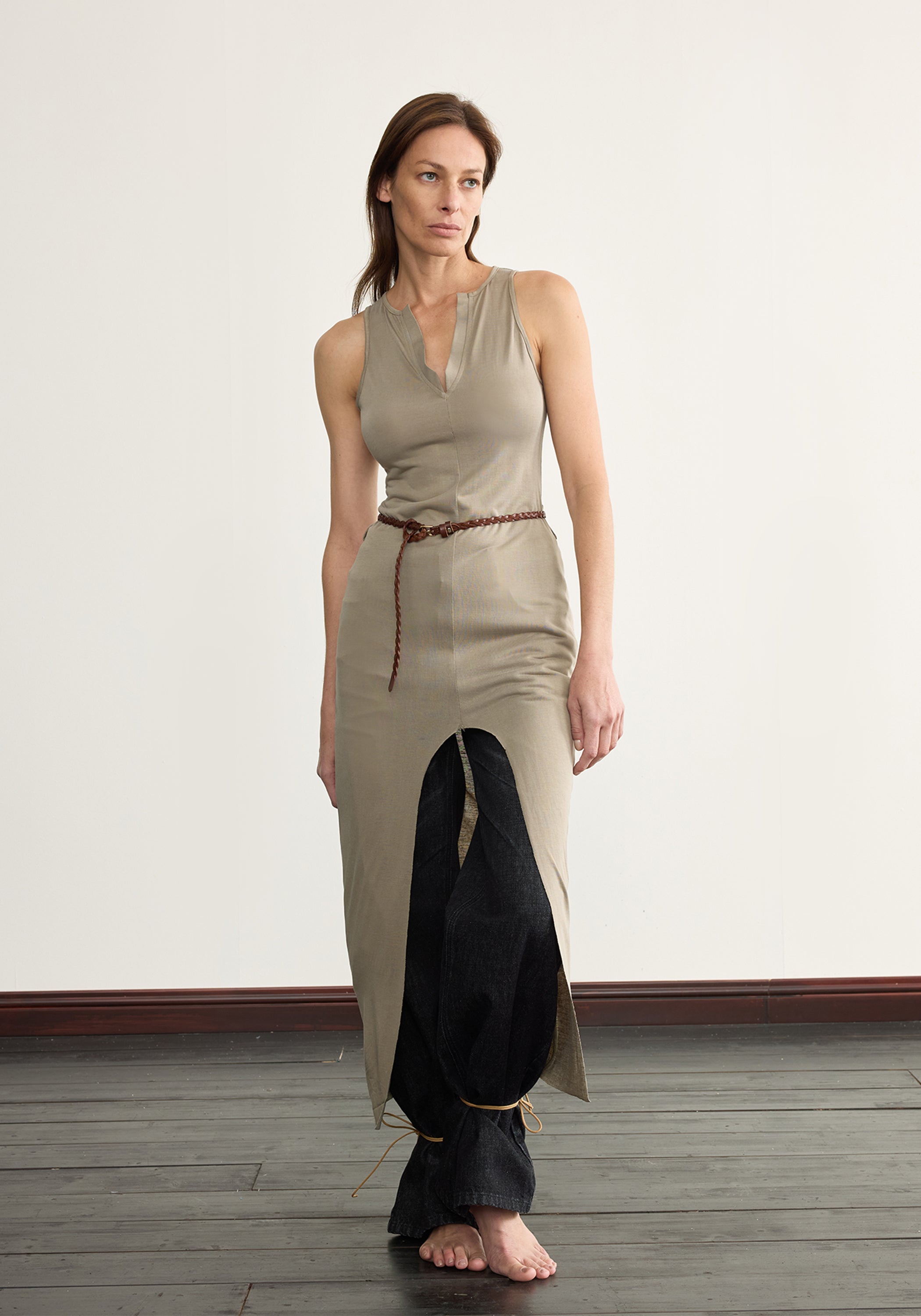 NyDkyel丨V-Neck Modal Maxi Dress with Belt - Side Slit-Gray - PSYLOS 1, NyDkyel丨V-Neck Modal Maxi Dress with Belt - Side Slit-Gray, Dress, NyDkyel, PSYLOS 1