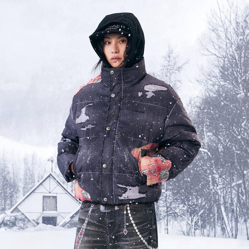 YADcrew丨Sunset Lace Applique Embroidery 3D Printed Denim Down Jacket - PSYLOS 1, YADcrew丨Sunset Lace Applique Embroidery 3D Printed Denim Down Jacket, Jacket, YADcrew•JAPAN, PSYLOS 1