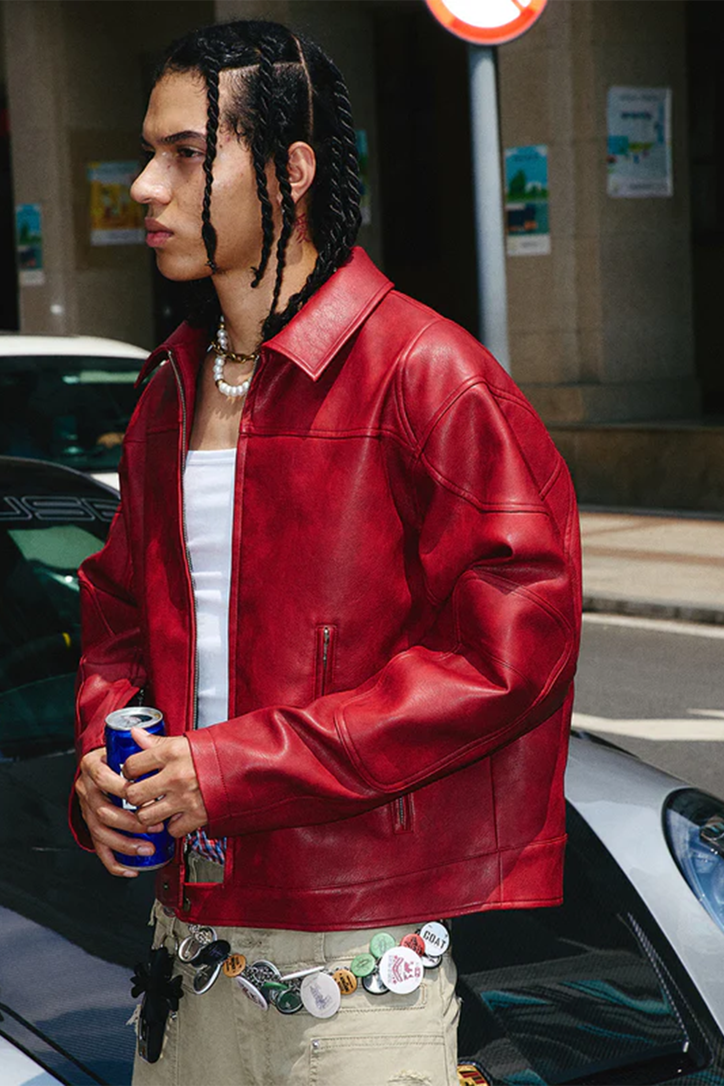 STEEPC Distressed Blur Washed Burgundy Red Short Wide Leather Jacket