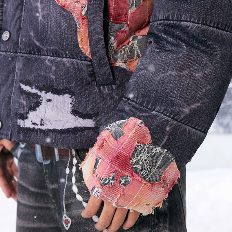 YADcrew丨Sunset Lace Applique Embroidery 3D Printed Denim Down Jacket - PSYLOS 1, YADcrew丨Sunset Lace Applique Embroidery 3D Printed Denim Down Jacket, Jacket, YADcrew•JAPAN, PSYLOS 1
