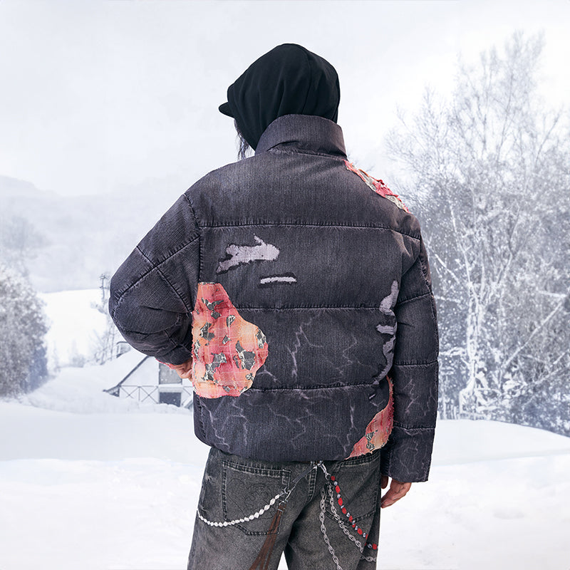 YADcrew丨Sunset Lace Applique Embroidery 3D Printed Denim Down Jacket - PSYLOS 1, YADcrew丨Sunset Lace Applique Embroidery 3D Printed Denim Down Jacket, Jacket, YADcrew•JAPAN, PSYLOS 1