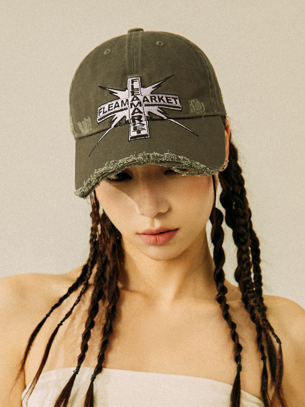 FLEAMARKET | Cross Patch Ripped Curve Brim Cap - PSYLOS 1, FLEAMARKET | Cross Patch Ripped Curve Brim Cap, Hats, FLEAMARKET, PSYLOS 1