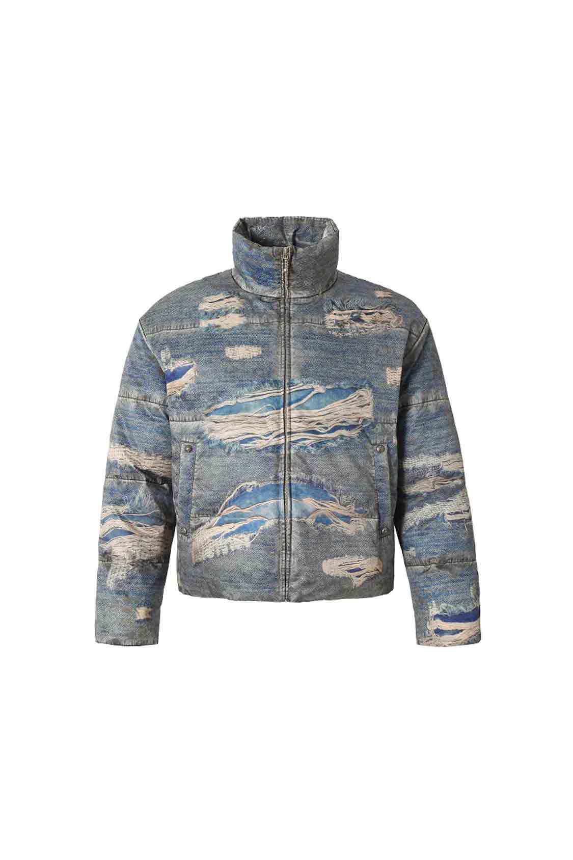 YADcrew丨“Ragged Oil” Ragged Printed Denim White Duck Down Jacket - PSYLOS 1, YADcrew丨“Ragged Oil” Ragged Printed Denim White Duck Down Jacket, Down Jacket, YADcrew•JAPAN, PSYLOS 1