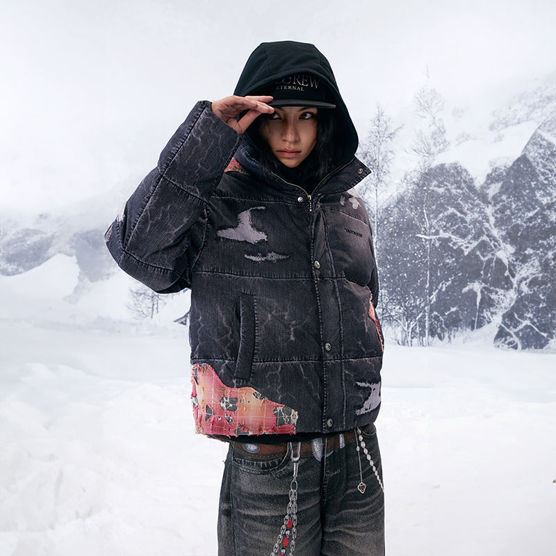 YADcrew丨Sunset Lace Applique Embroidery 3D Printed Denim Down Jacket - PSYLOS 1, YADcrew丨Sunset Lace Applique Embroidery 3D Printed Denim Down Jacket, Jacket, YADcrew•JAPAN, PSYLOS 1