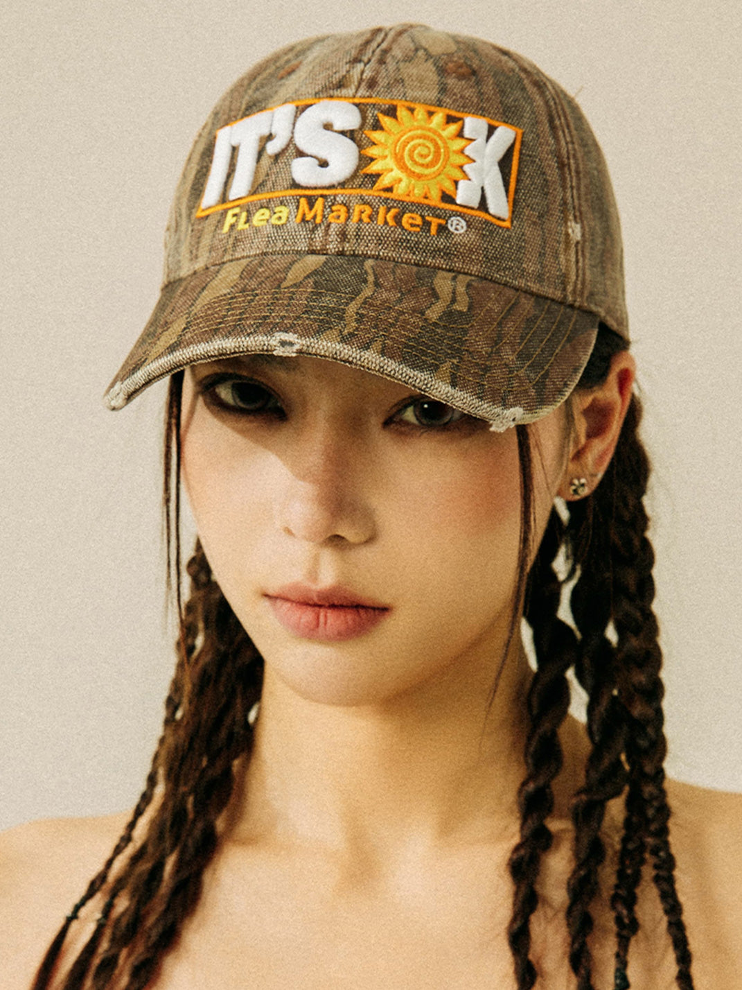 FLEAMARKET | "IT'S OK" Wood Grain Curve Brim Cap - PSYLOS 1, FLEAMARKET | "IT'S OK" Wood Grain Curve Brim Cap, Hats, FLEAMARKET, PSYLOS 1