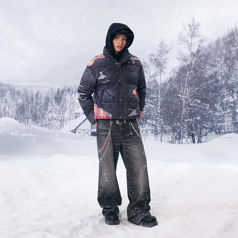 YADcrew丨Sunset Lace Applique Embroidery 3D Printed Denim Down Jacket - PSYLOS 1, YADcrew丨Sunset Lace Applique Embroidery 3D Printed Denim Down Jacket, Jacket, YADcrew•JAPAN, PSYLOS 1