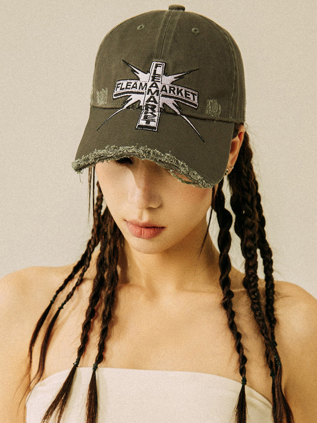 FLEAMARKET | Cross Patch Ripped Curve Brim Cap - PSYLOS 1, FLEAMARKET | Cross Patch Ripped Curve Brim Cap, Hats, FLEAMARKET, PSYLOS 1