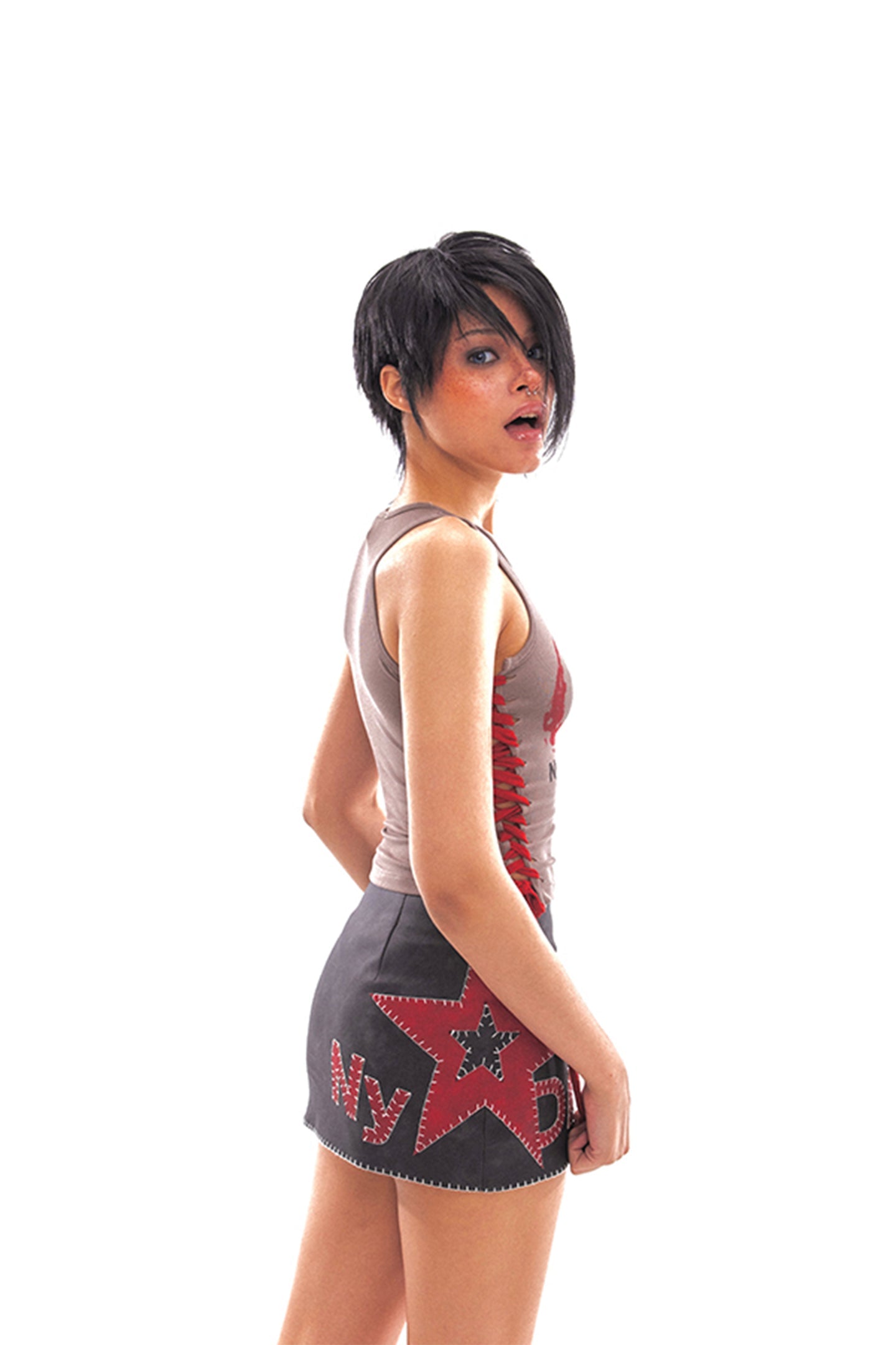 Star Logo Leather Contrast Skirt - PSYLOS 1, Star Logo Leather Contrast Skirt, Skirts, NyDkyel, PSYLOS 1