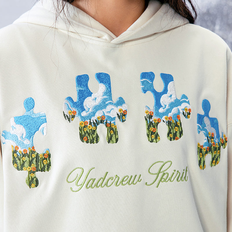 YADcrew | Blue Sky Flower Heavy Duty Needle Embroidery Jigsaw Hooded Sweatshirt - PSYLOS 1, YADcrew | Blue Sky Flower Heavy Duty Needle Embroidery Jigsaw Hooded Sweatshirt, Sweatshirts, YADcrew•JAPAN, PSYLOS 1