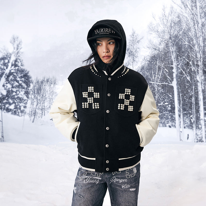 YADcrew丨"Pearl Shine" Checkerboard Pearl Slogan Padded Baseball Jacket - PSYLOS 1, YADcrew丨"Pearl Shine" Checkerboard Pearl Slogan Padded Baseball Jacket, Jacket, YADcrew•JAPAN, PSYLOS 1