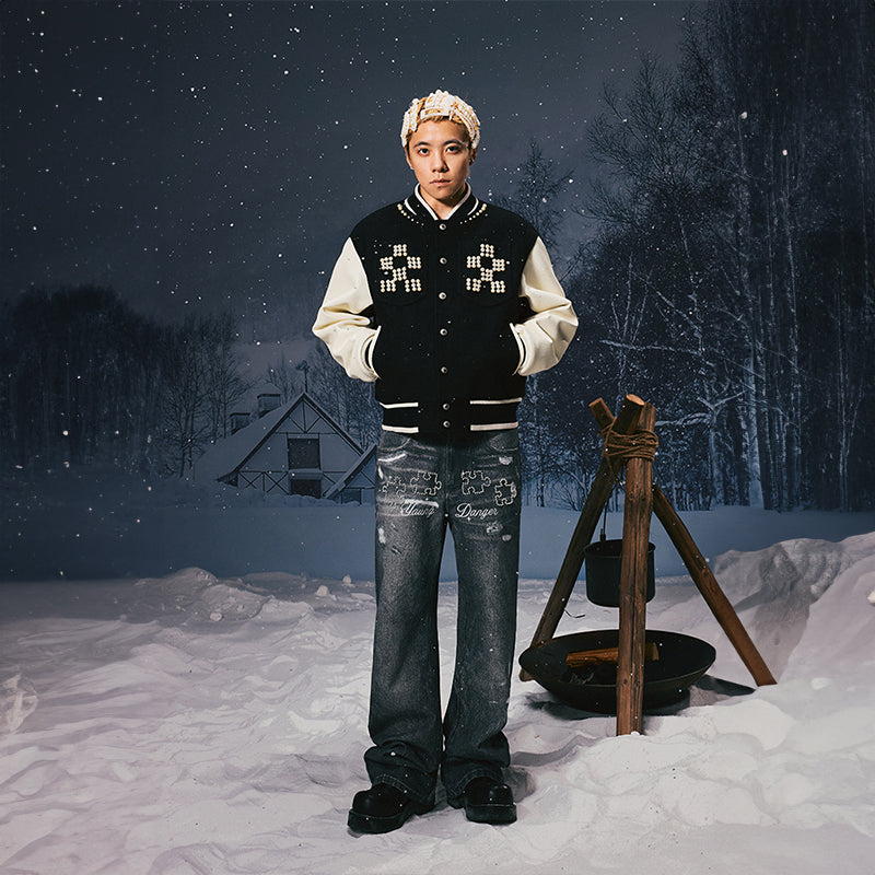 YADcrew丨"Pearl Shine" Checkerboard Pearl Slogan Padded Baseball Jacket - PSYLOS 1, YADcrew丨"Pearl Shine" Checkerboard Pearl Slogan Padded Baseball Jacket, Jacket, YADcrew•JAPAN, PSYLOS 1