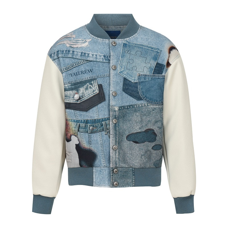 American Street Style Denim Printed Sandwich Cotton Baseball Jacket