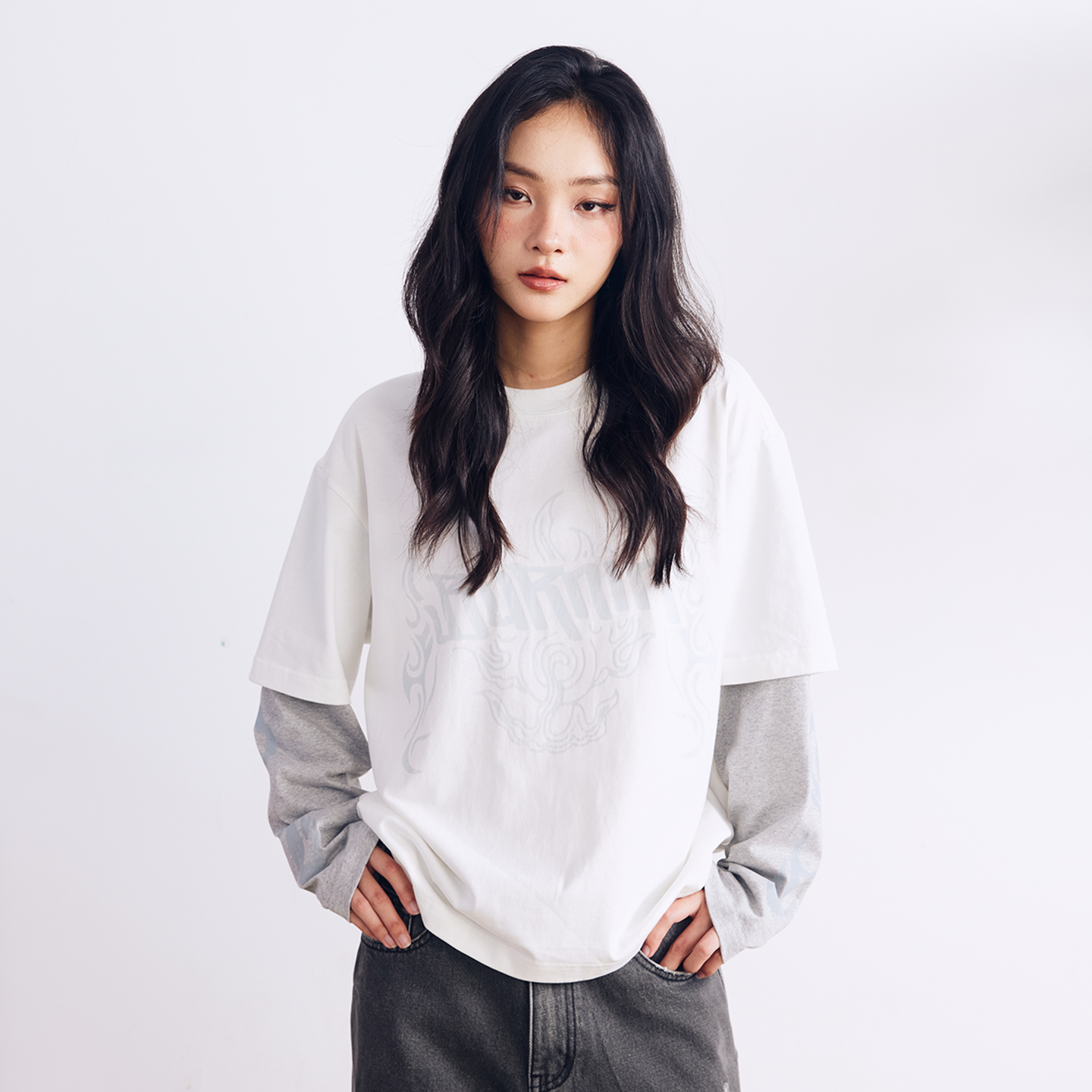 BURNIN* “97’series” worn fire pattern fake two-piece T-shirt - PSYLOS 1, BURNIN* “97’series” worn fire pattern fake two-piece T-shirt, T-Shirt, Burnin, PSYLOS 1