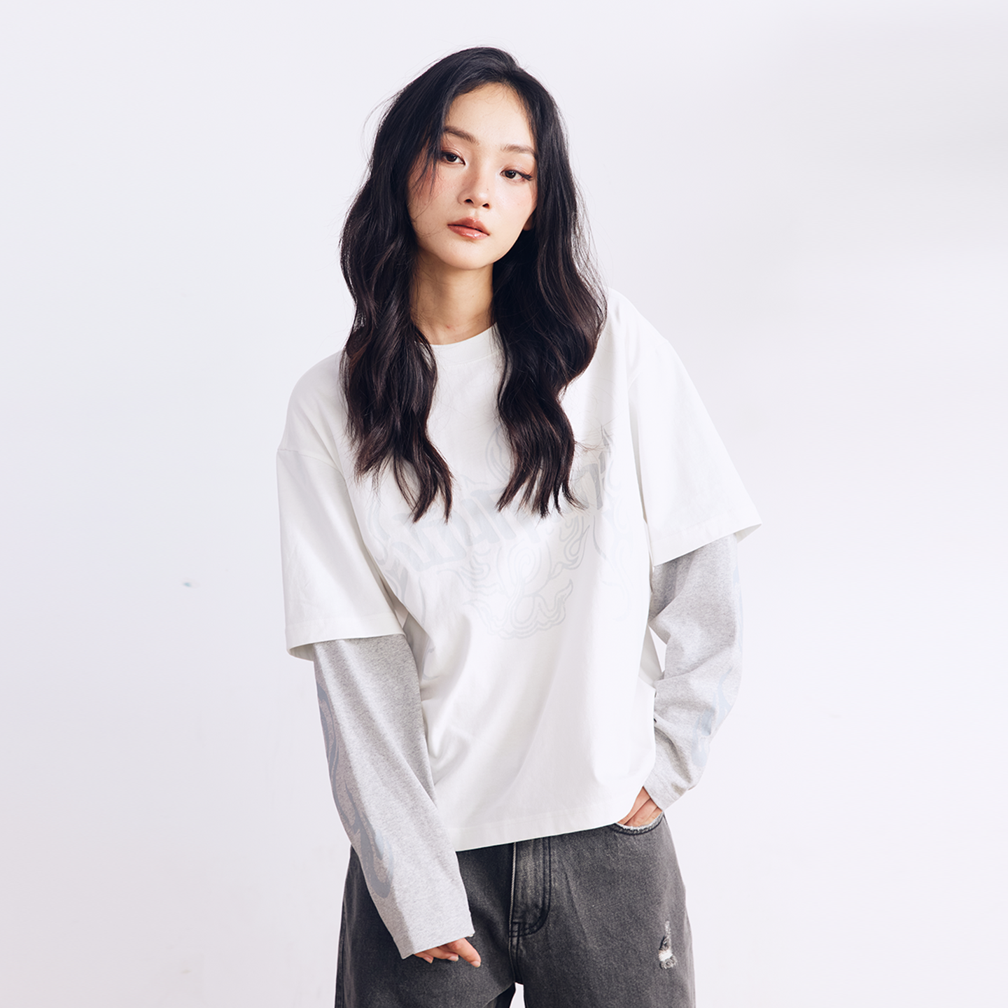 BURNIN* “97’series” worn fire pattern fake two-piece T-shirt - PSYLOS 1, BURNIN* “97’series” worn fire pattern fake two-piece T-shirt, T-Shirt, Burnin, PSYLOS 1