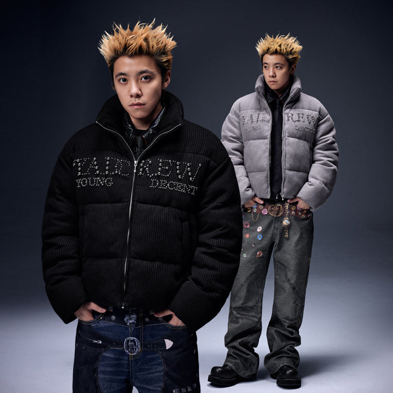 YADcrew丨Electroplated Pearl Slogan Woolen Stand-Up Collar Thickened Cotton Jacket - PSYLOS 1, YADcrew丨Electroplated Pearl Slogan Woolen Stand-Up Collar Thickened Cotton Jacket, Jacket, YADcrew•JAPAN, PSYLOS 1