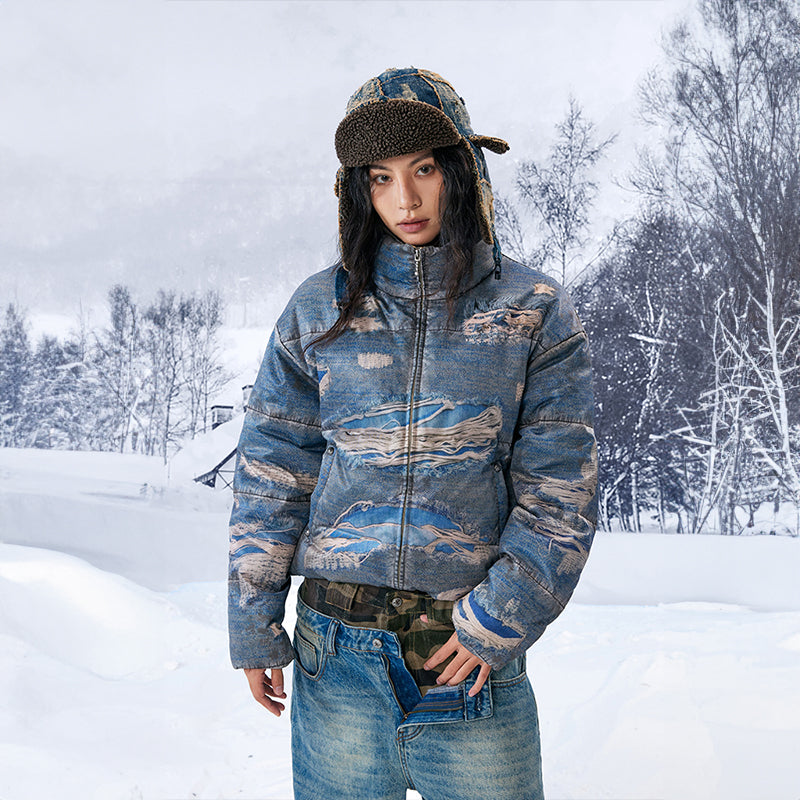 YADcrew丨“Ragged Oil” Ragged Printed Denim White Duck Down Jacket - PSYLOS 1, YADcrew丨“Ragged Oil” Ragged Printed Denim White Duck Down Jacket, Down Jacket, YADcrew•JAPAN, PSYLOS 1