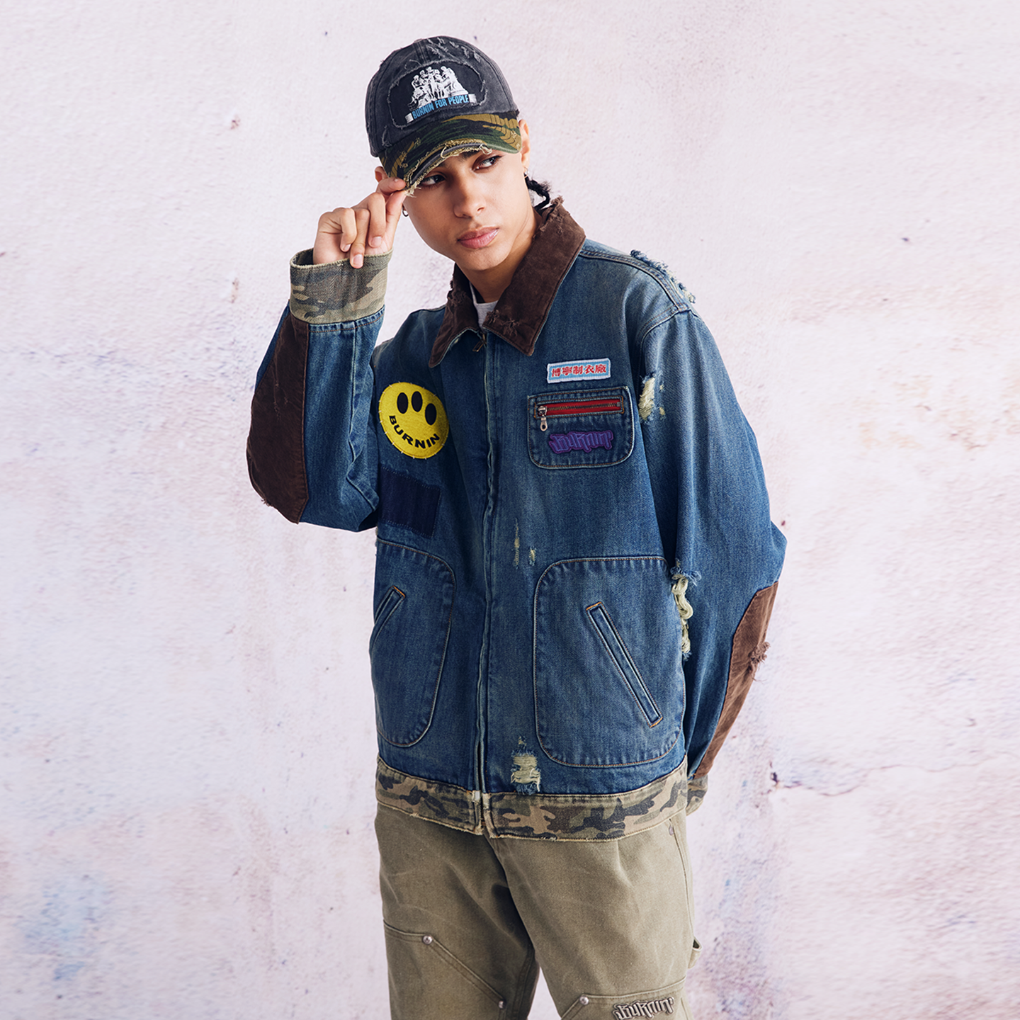 BURNIN* "Burnin for people" camouflage splicing damaged patch denim jacket - PSYLOS 1, BURNIN* "Burnin for people" camouflage splicing damaged patch denim jacket, T-Shirt, Burnin, PSYLOS 1