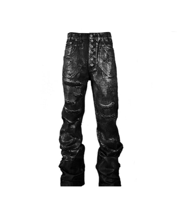 Black Distressed Silver-Coated Wax Denim Jeans