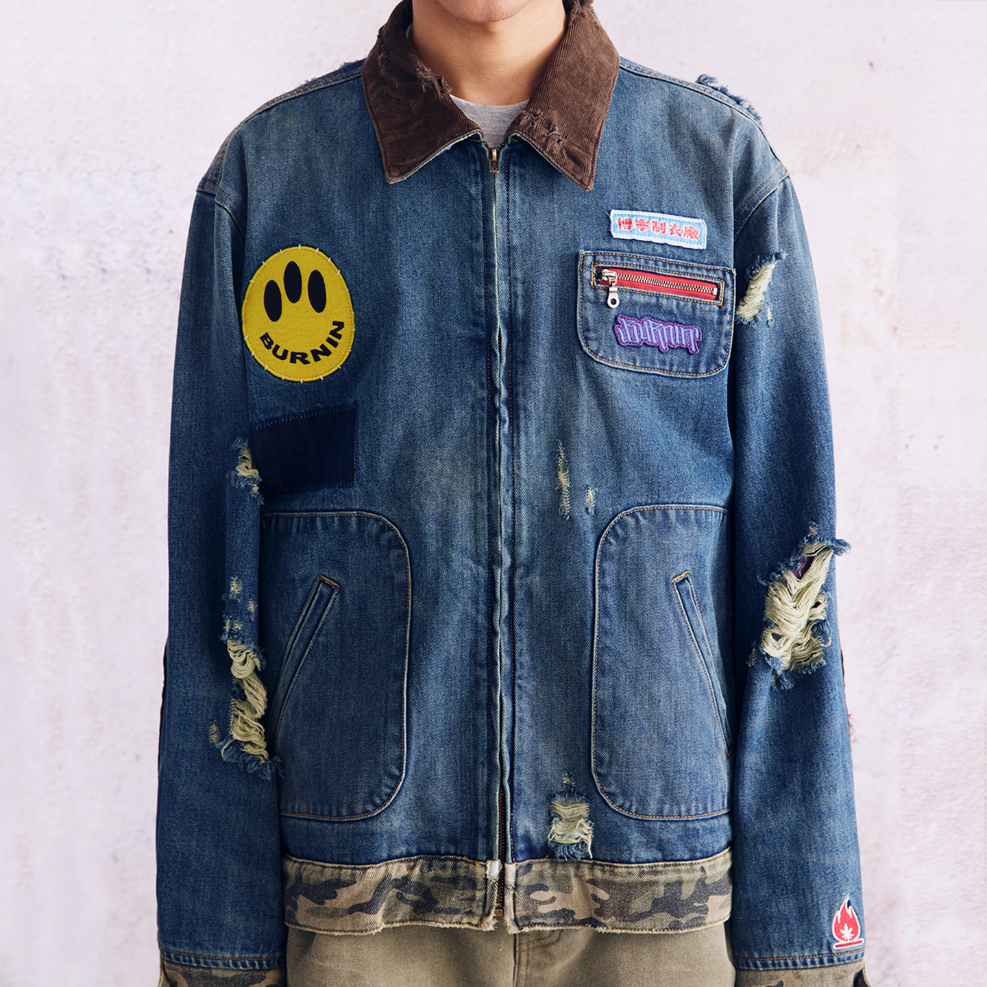 BURNIN* "Burnin for people" camouflage splicing damaged patch denim jacket - PSYLOS 1, BURNIN* "Burnin for people" camouflage splicing damaged patch denim jacket, T-Shirt, Burnin, PSYLOS 1