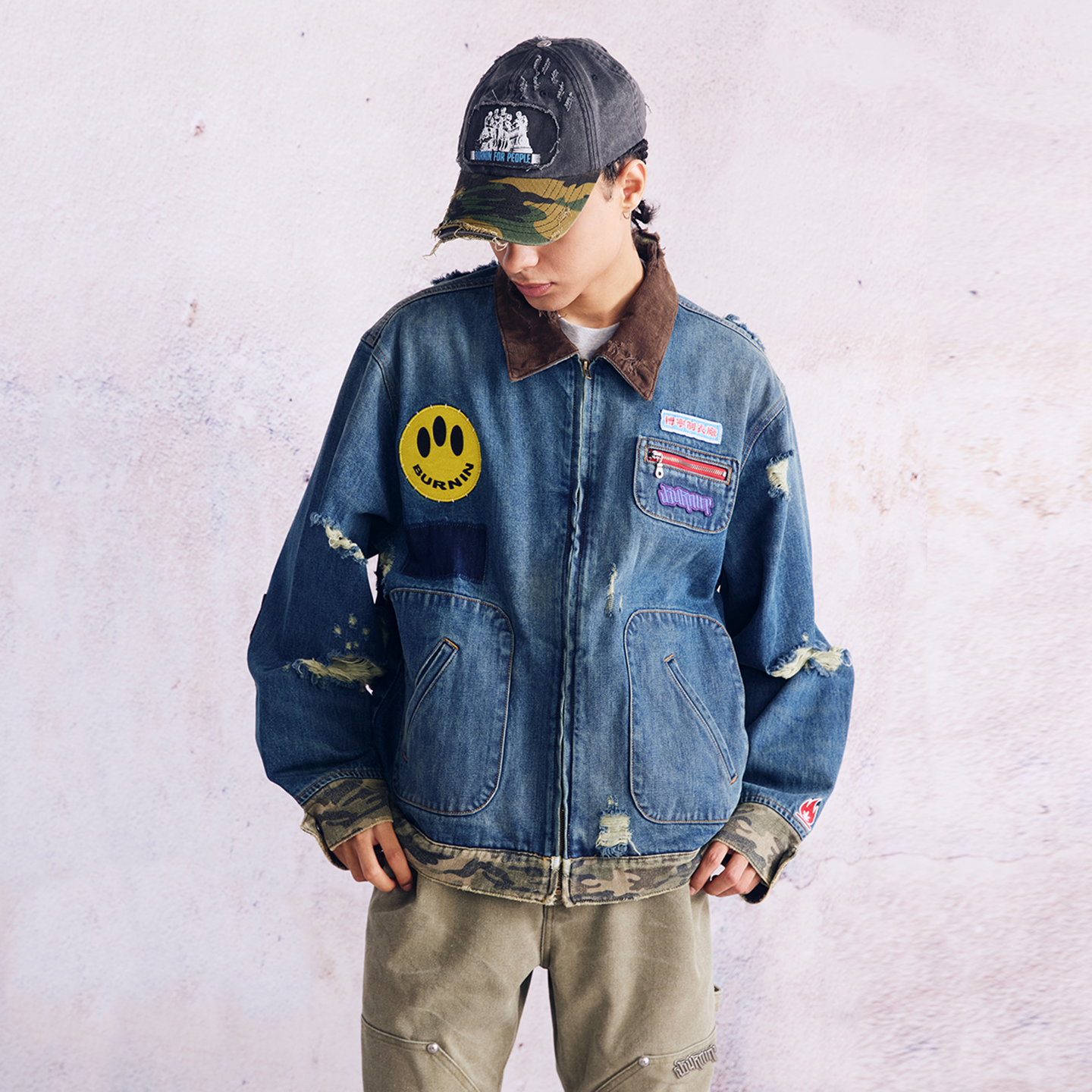 BURNIN* "Burnin for people" camouflage splicing damaged patch denim jacket