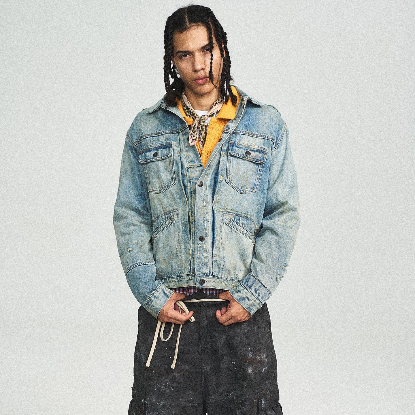 STEEPC Washed Vintage Pleated Distressed Denim Jacket