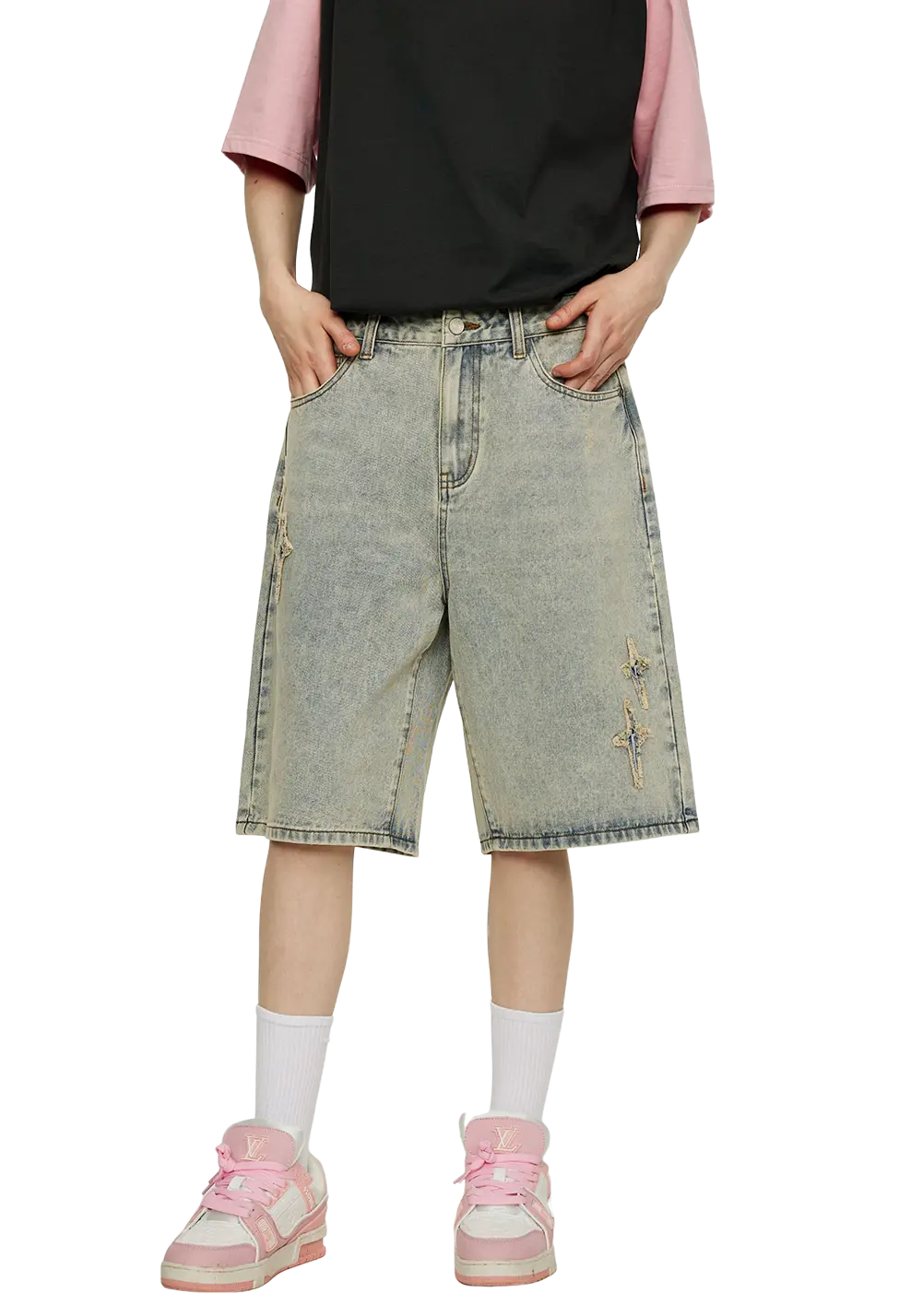 Patchwork Cross Star Embroidered Denim Shorts - PSYLOS 1, Patchwork Cross Star Embroidered Denim Shorts, Shorts, iconslab, PSYLOS 1