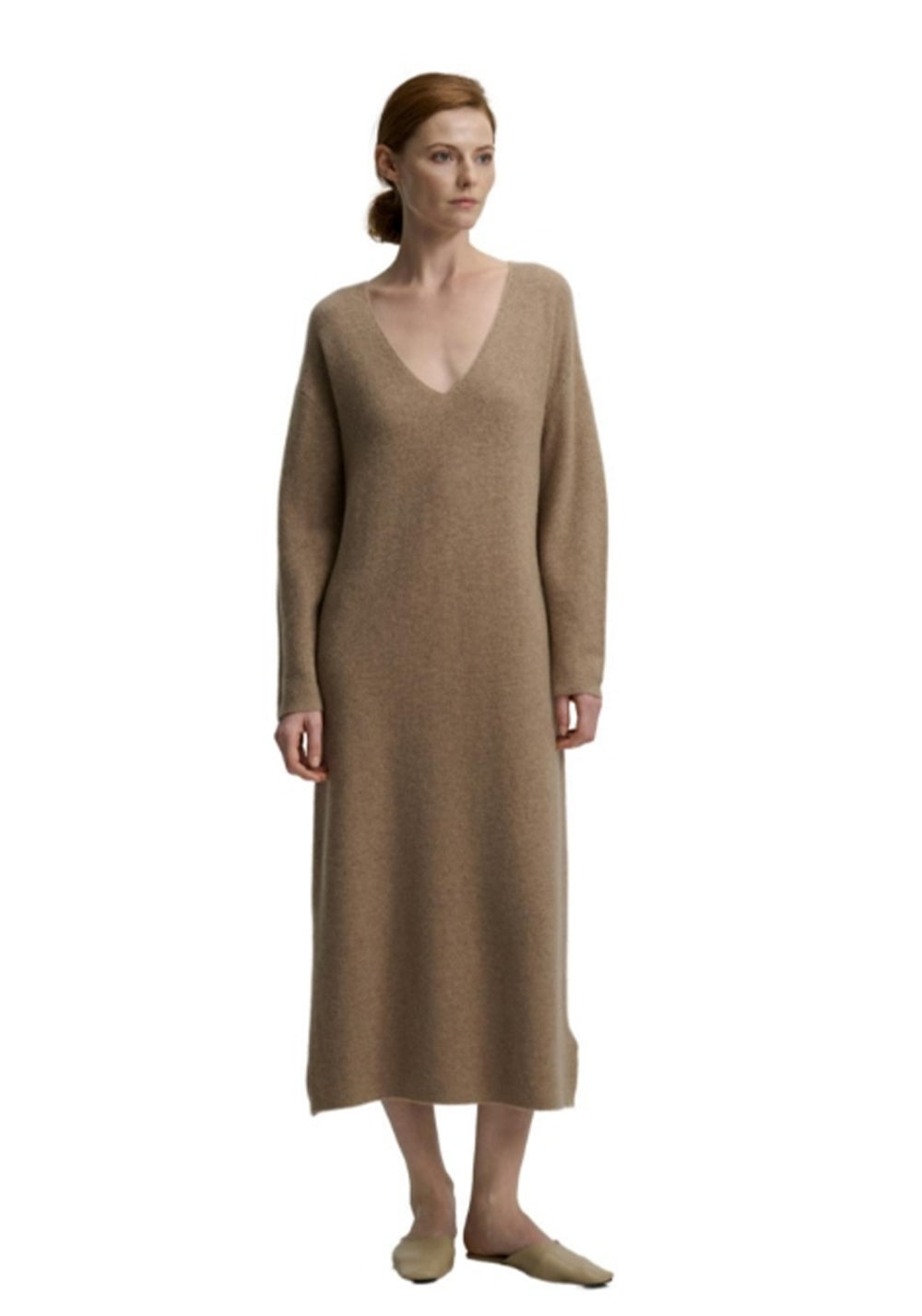 CASHMERE V-Neck Cocoon Cashmere Dress -Flower Camel