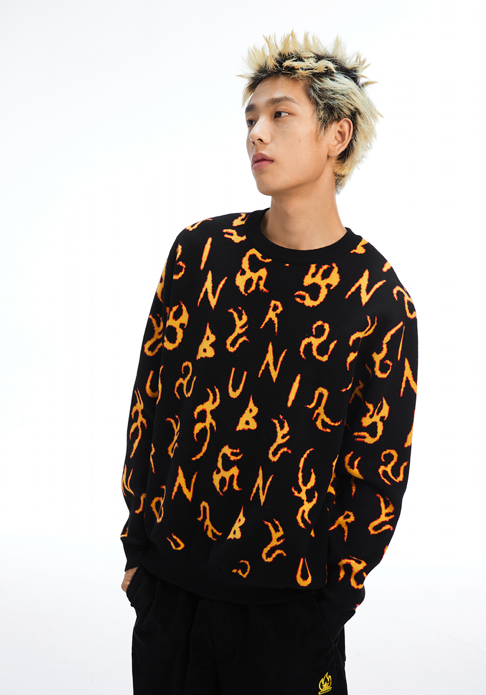 BURNIN * All-over Fire Print Sweater - PSYLOS 1, BURNIN * All-over Fire Print Sweater, Sweater, Burnin, PSYLOS 1