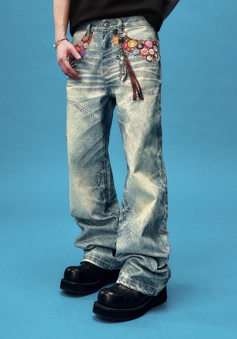 YADcrew丨Bottle Cap Badge Pony Hair Patchwork Print Pants - PSYLOS 1, YADcrew丨Bottle Cap Badge Pony Hair Patchwork Print Pants, Pants, YADcrew•JAPAN, PSYLOS 1