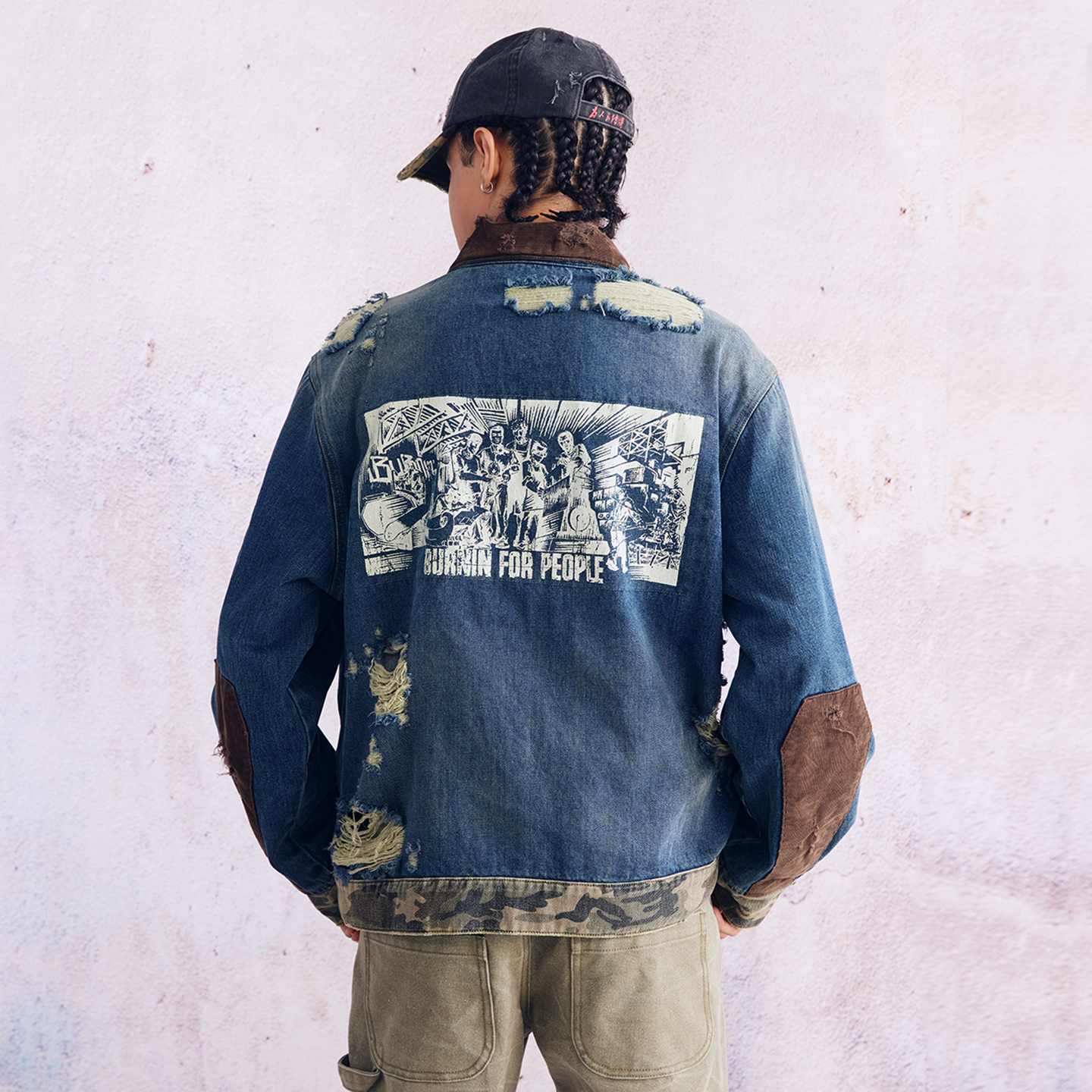 BURNIN* "Burnin for people" camouflage splicing damaged patch denim jacket - PSYLOS 1, BURNIN* "Burnin for people" camouflage splicing damaged patch denim jacket, T-Shirt, Burnin, PSYLOS 1