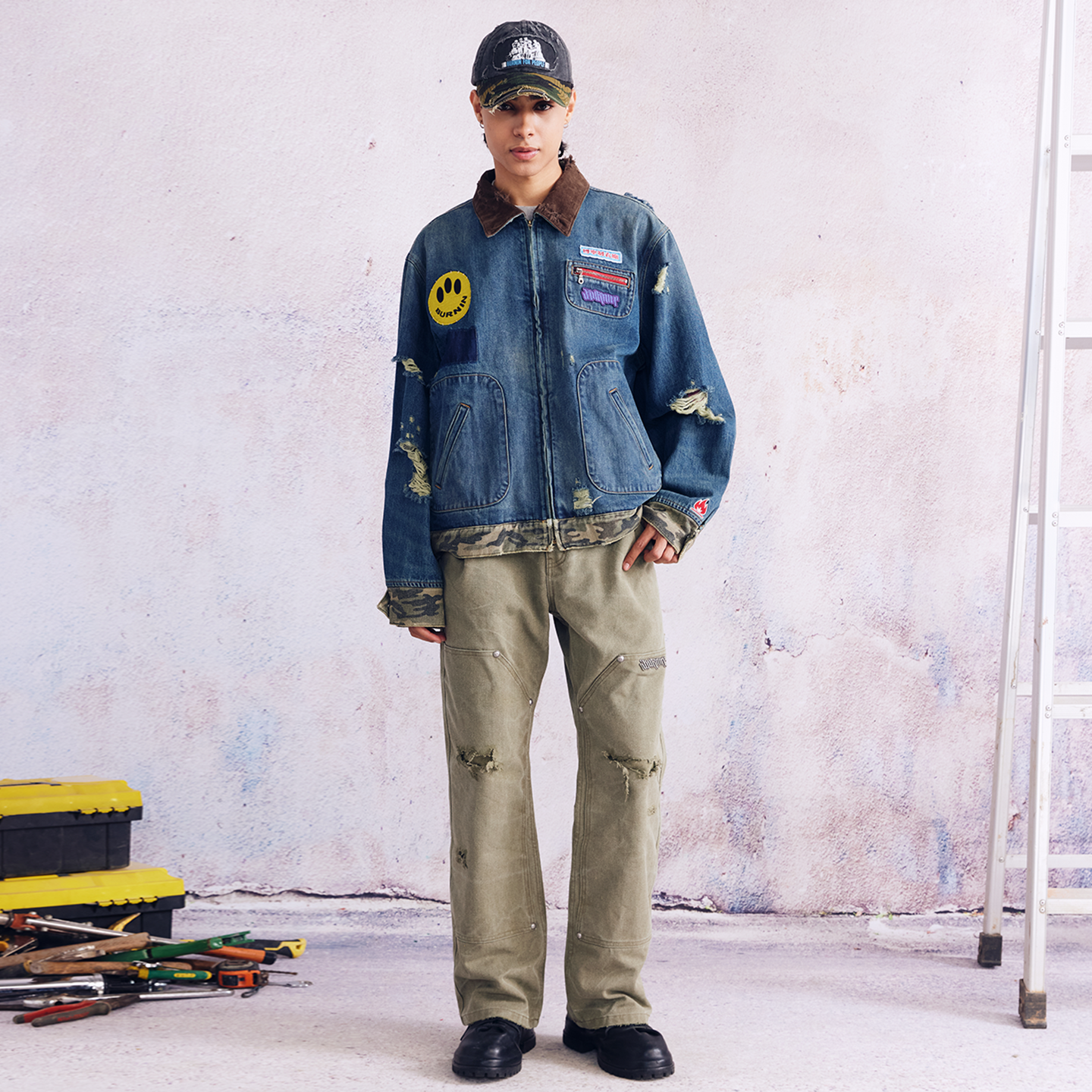 BURNIN* "Burnin for people" camouflage splicing damaged patch denim jacket - PSYLOS 1, BURNIN* "Burnin for people" camouflage splicing damaged patch denim jacket, T-Shirt, Burnin, PSYLOS 1