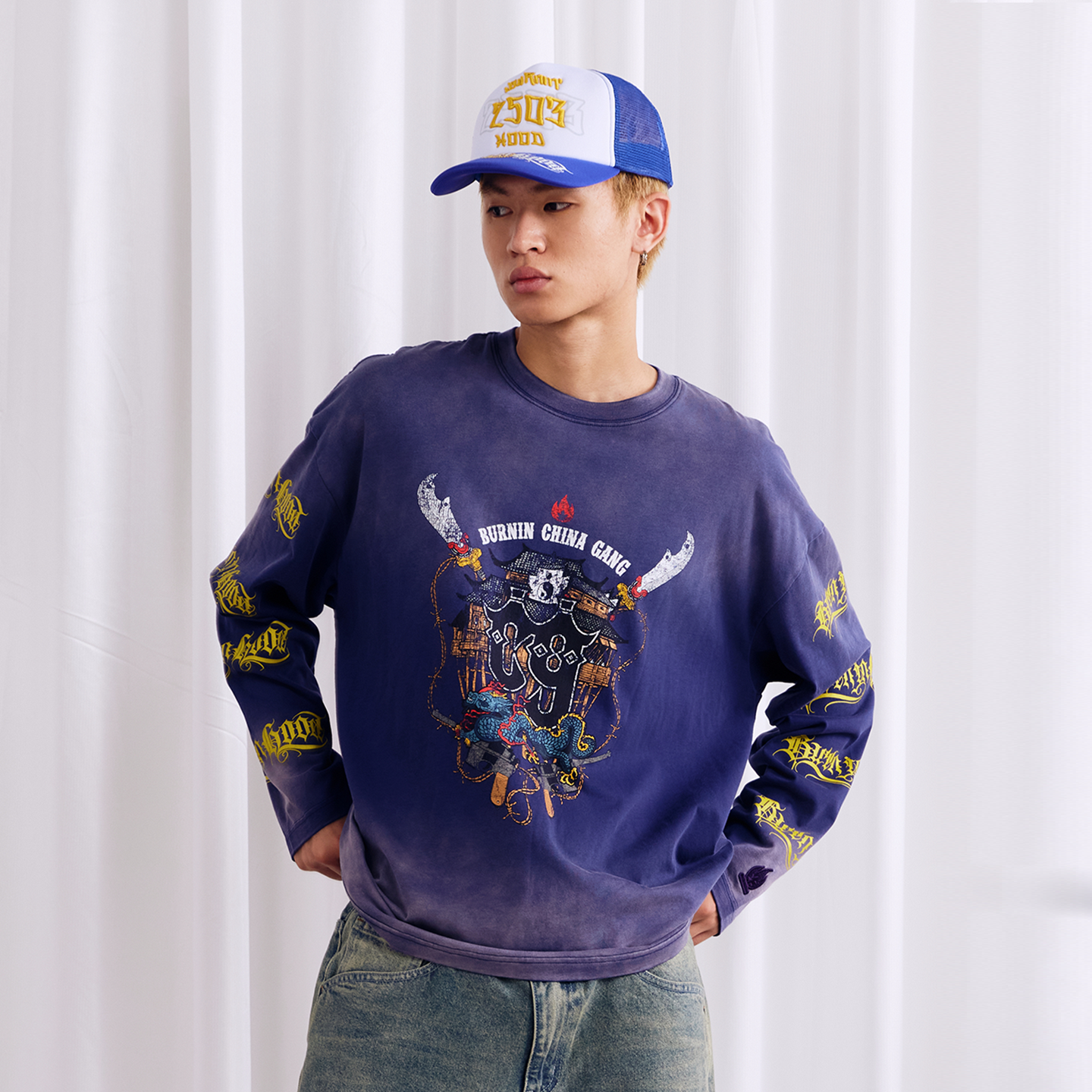 BURNIN Dyeing Distressed Community Culture Sweatshirt - PSYLOS 1, BURNIN Dyeing Distressed Community Culture Sweatshirt, Sweatshirts, Burnin, PSYLOS 1