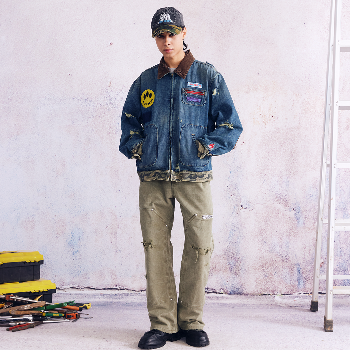 BURNIN* "Burnin for people" camouflage splicing damaged patch denim jacket - PSYLOS 1, BURNIN* "Burnin for people" camouflage splicing damaged patch denim jacket, T-Shirt, Burnin, PSYLOS 1