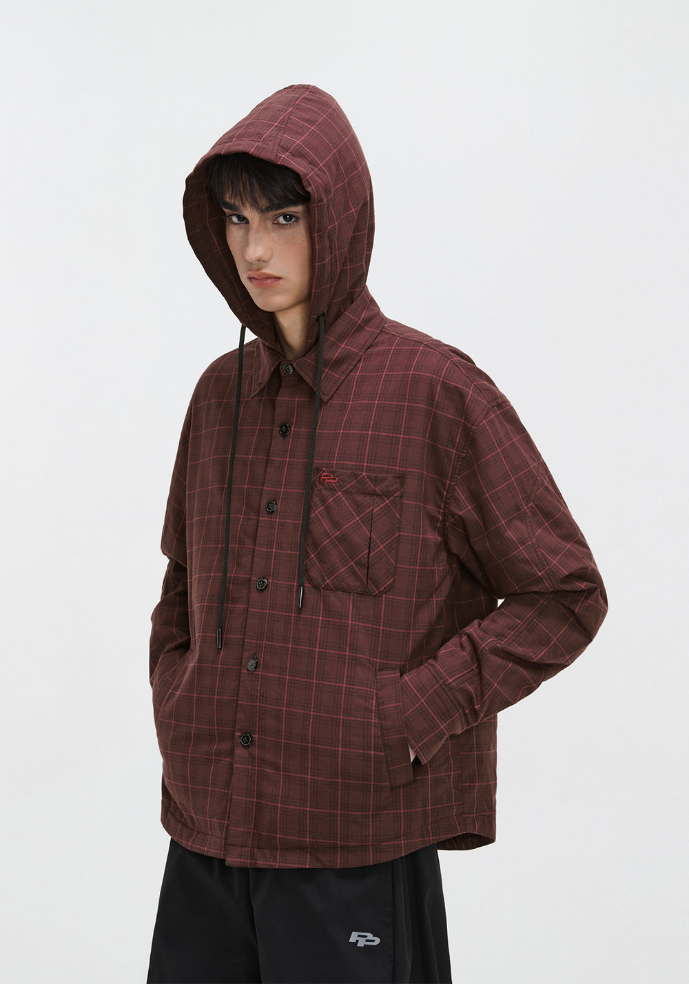 PCLP Plaid Patchwork Hooded Shirt American Style