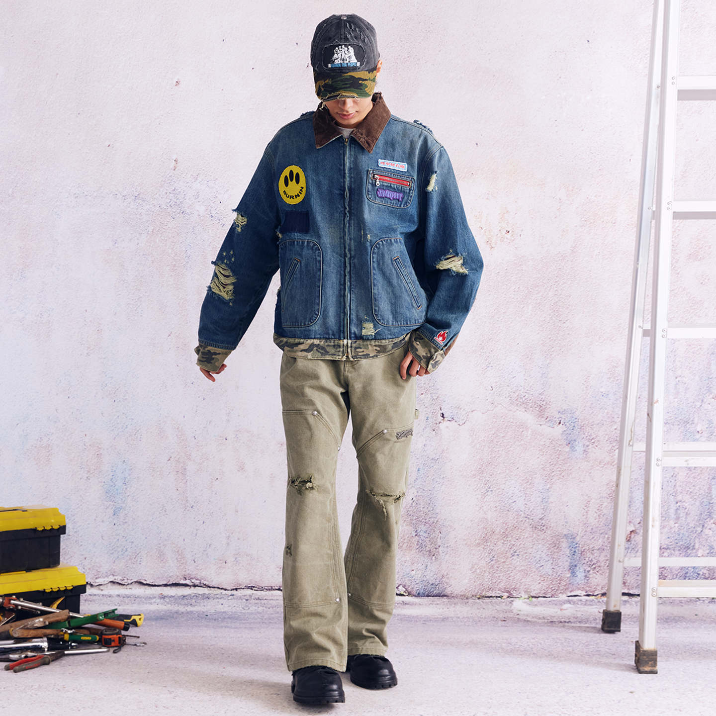 BURNIN* "Burnin for people" camouflage splicing damaged patch denim jacket - PSYLOS 1, BURNIN* "Burnin for people" camouflage splicing damaged patch denim jacket, T-Shirt, Burnin, PSYLOS 1